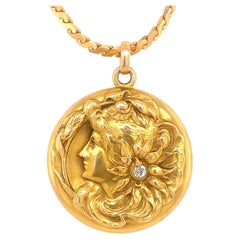 Antike antike Jugendstil-Medaillon-Halskette mit Porträt-Diamant 14K Gold