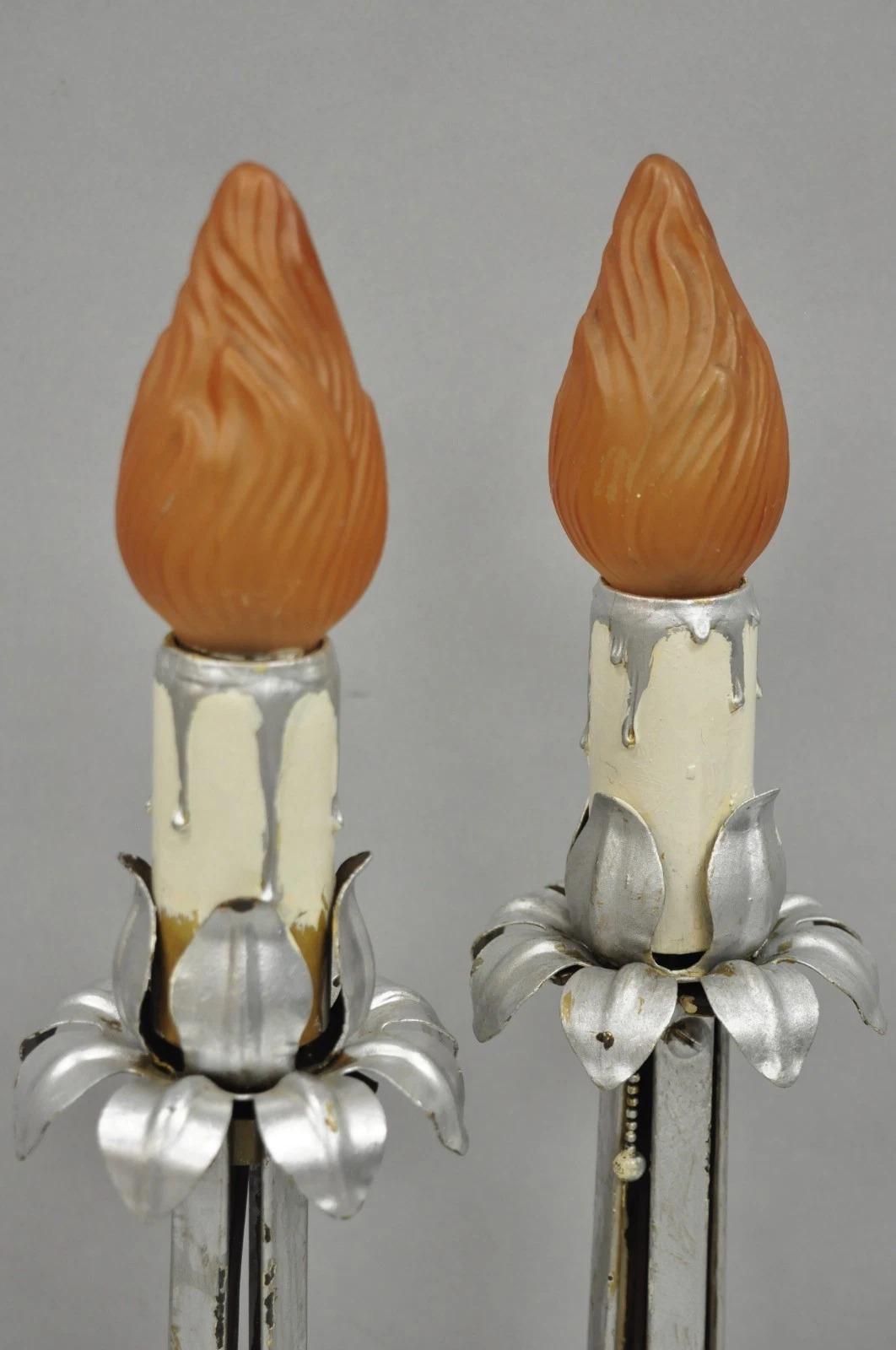 Paire de lampes de table Petite Boudoir en fer forgé peint à l'argent, ancienne Art Nouveau en vente 4