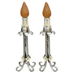 Antique Art Nouveau Wrought Iron Silver Painted Petite Boudoir Table Lamps, Pair