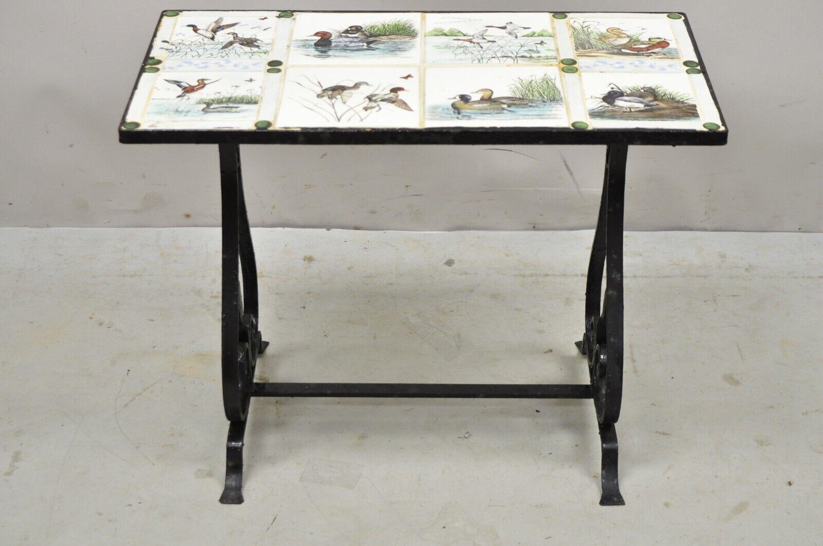 Antique Art Nouveau Wrought Iron Small Side Table with Duck Geese Tile Top In Good Condition For Sale In Philadelphia, PA