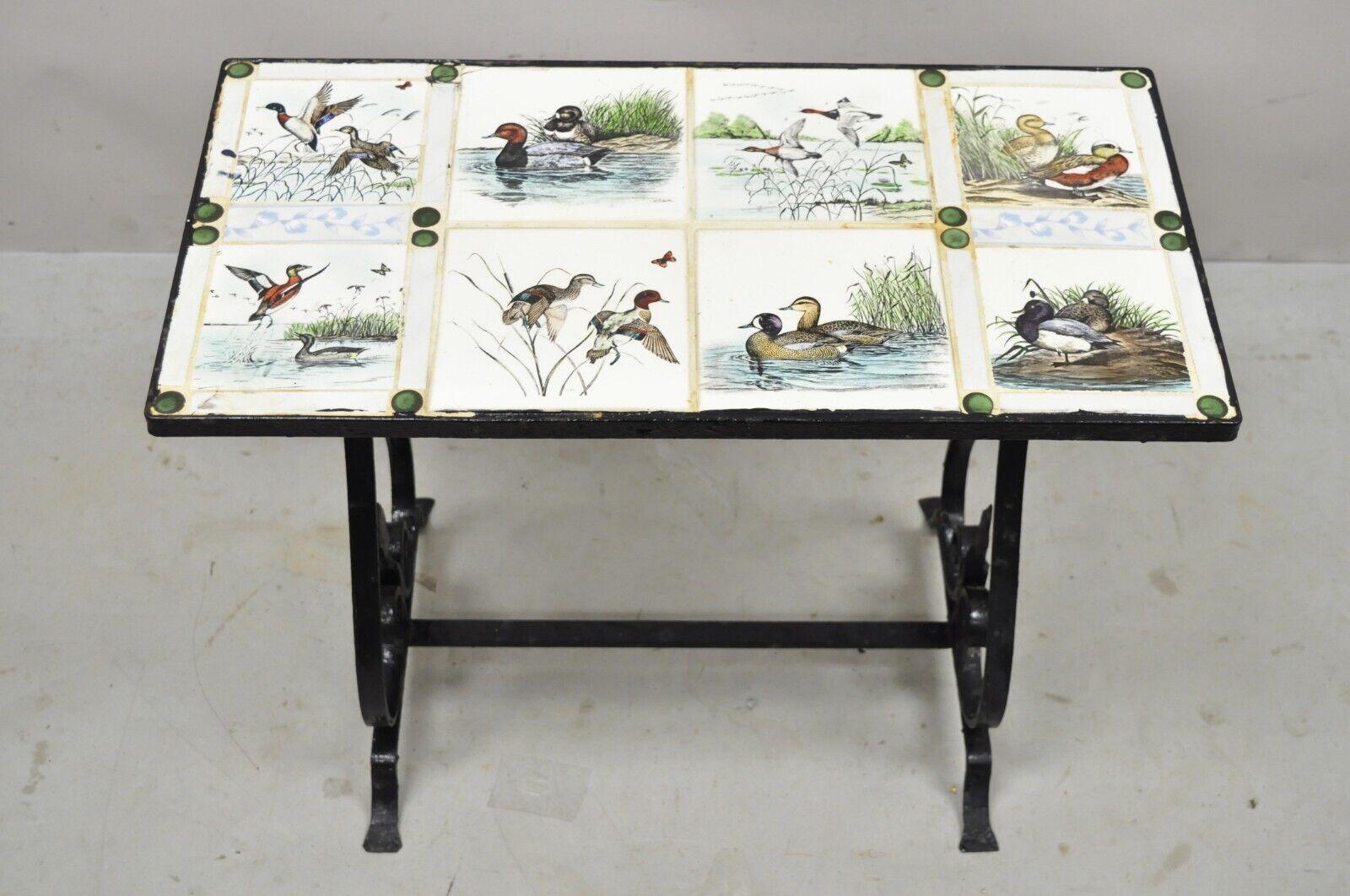 20th Century Antique Art Nouveau Wrought Iron Small Side Table with Duck Geese Tile Top For Sale