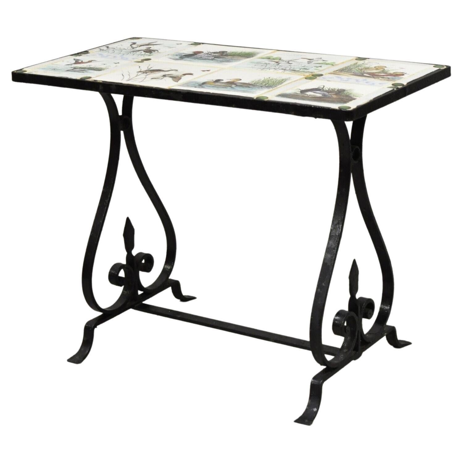 Antique Art Nouveau Wrought Iron Small Side Table with Duck Geese Tile Top For Sale