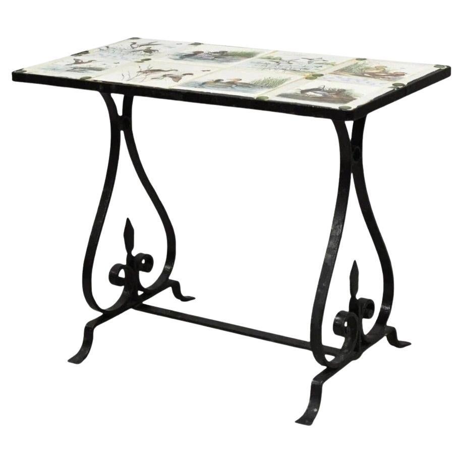 Antique Art Nouveau Wrought Iron Small Side Table with Duck Geese Tile Top For Sale