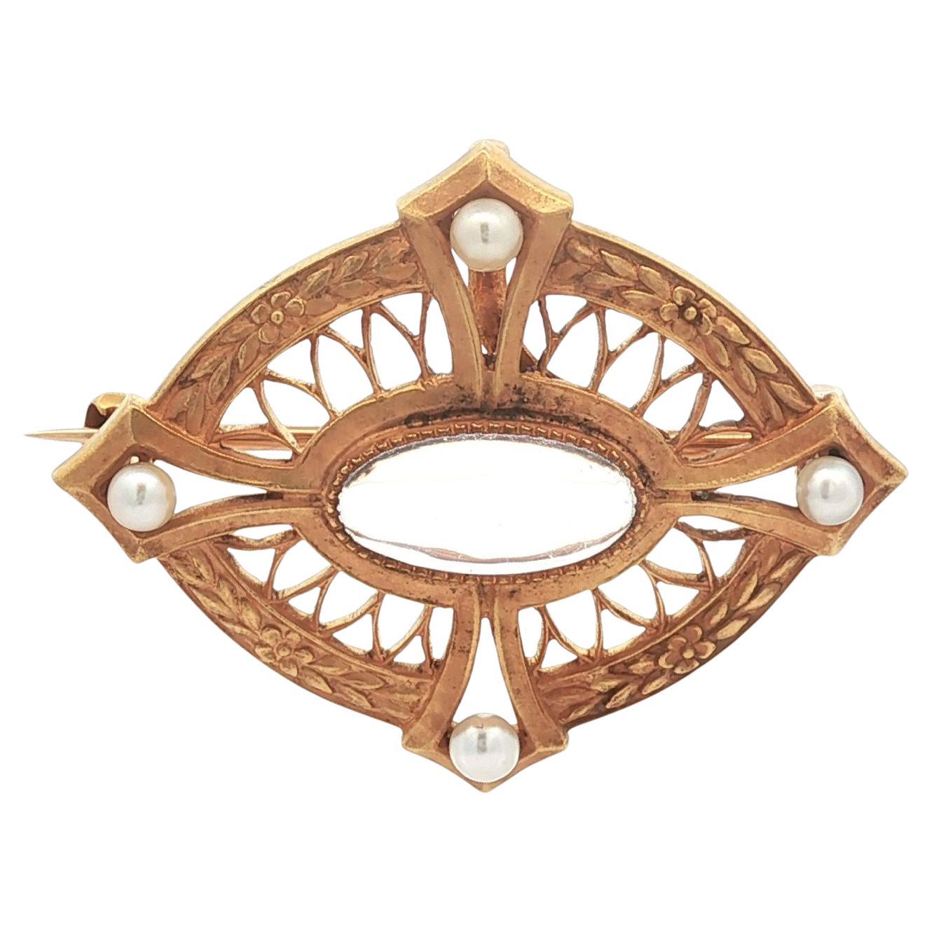 Antique Art Nouveau Yellow Gold Blue Moonstone
Seed Pearls Pin Brooch