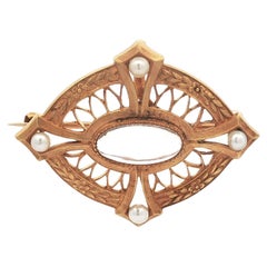 Antique Art Nouveau Yellow Gold Blue Moonstone 
Seed Pearls Pin Brooch