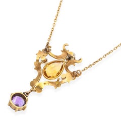 Antique Art Nouveau Yellow Gold Citrine, Amethyst, and Pearl Lavalier Necklace