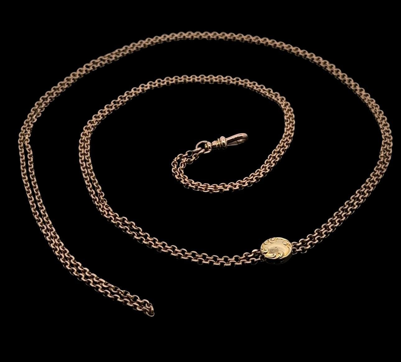 Antique Art Nouveau Yellow Gold Dual Cable Link Chain Necklace w/ Slide Charm In Good Condition For Sale In Montclair, NJ