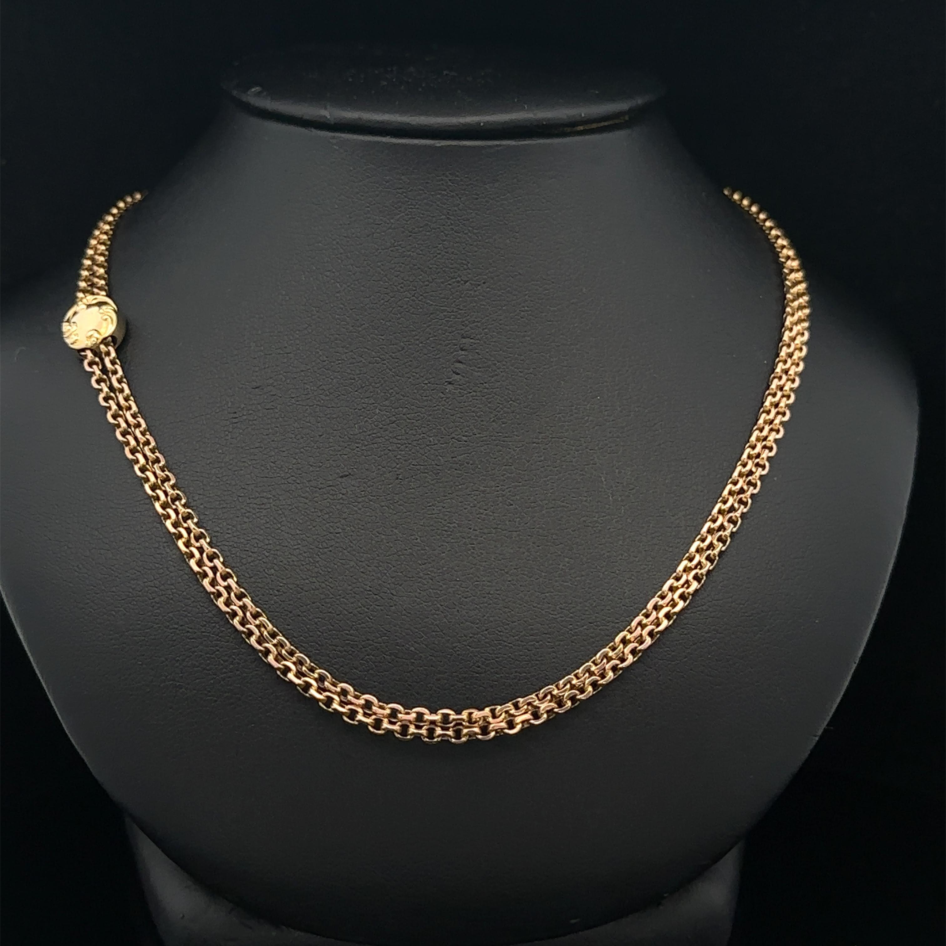 Women's Antique Art Nouveau Yellow Gold Dual Cable Link Chain Necklace w/ Slide Charm For Sale