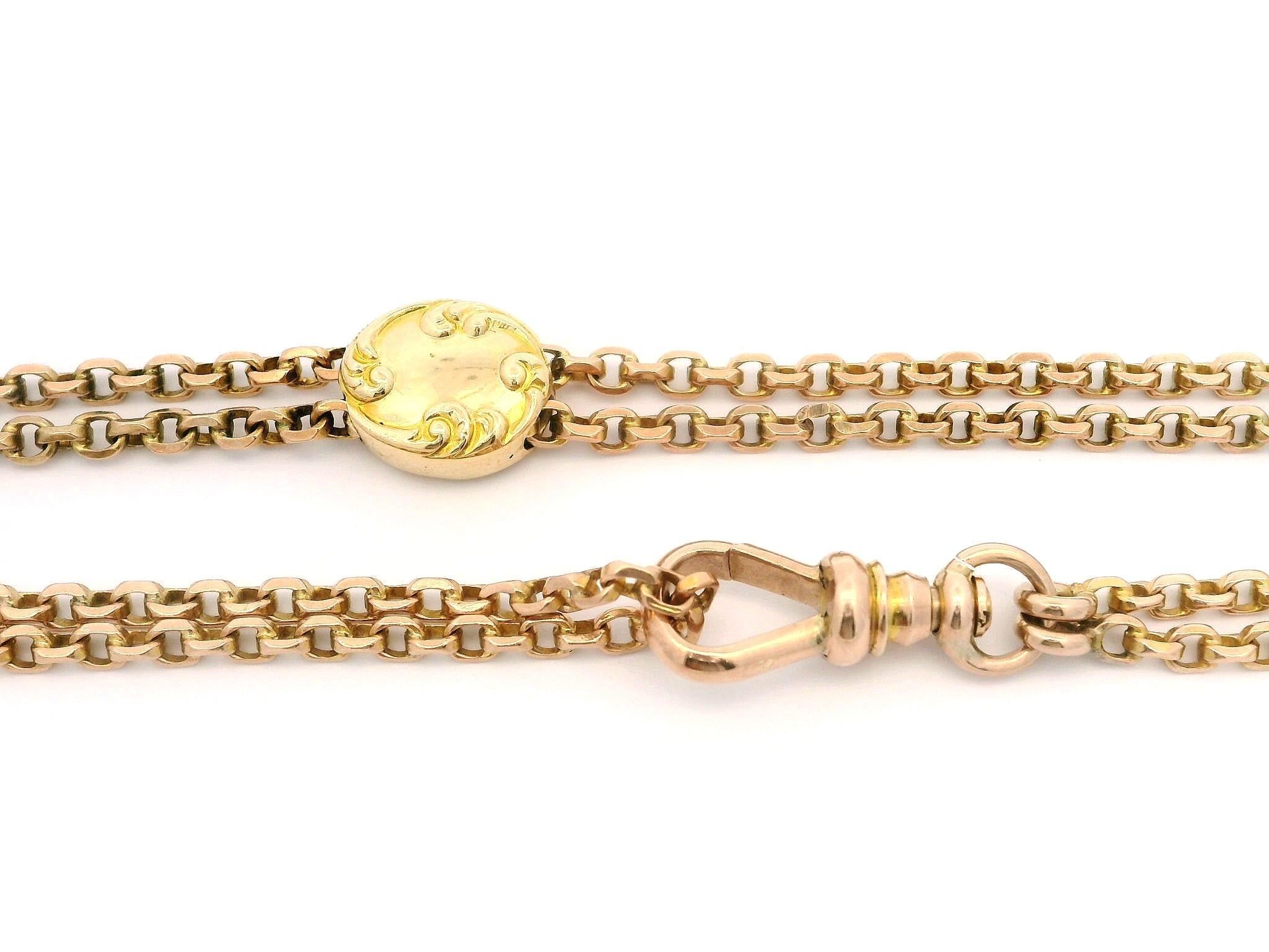 Antique Art Nouveau Yellow Gold Dual Cable Link Chain Necklace w/ Slide Charm For Sale 1