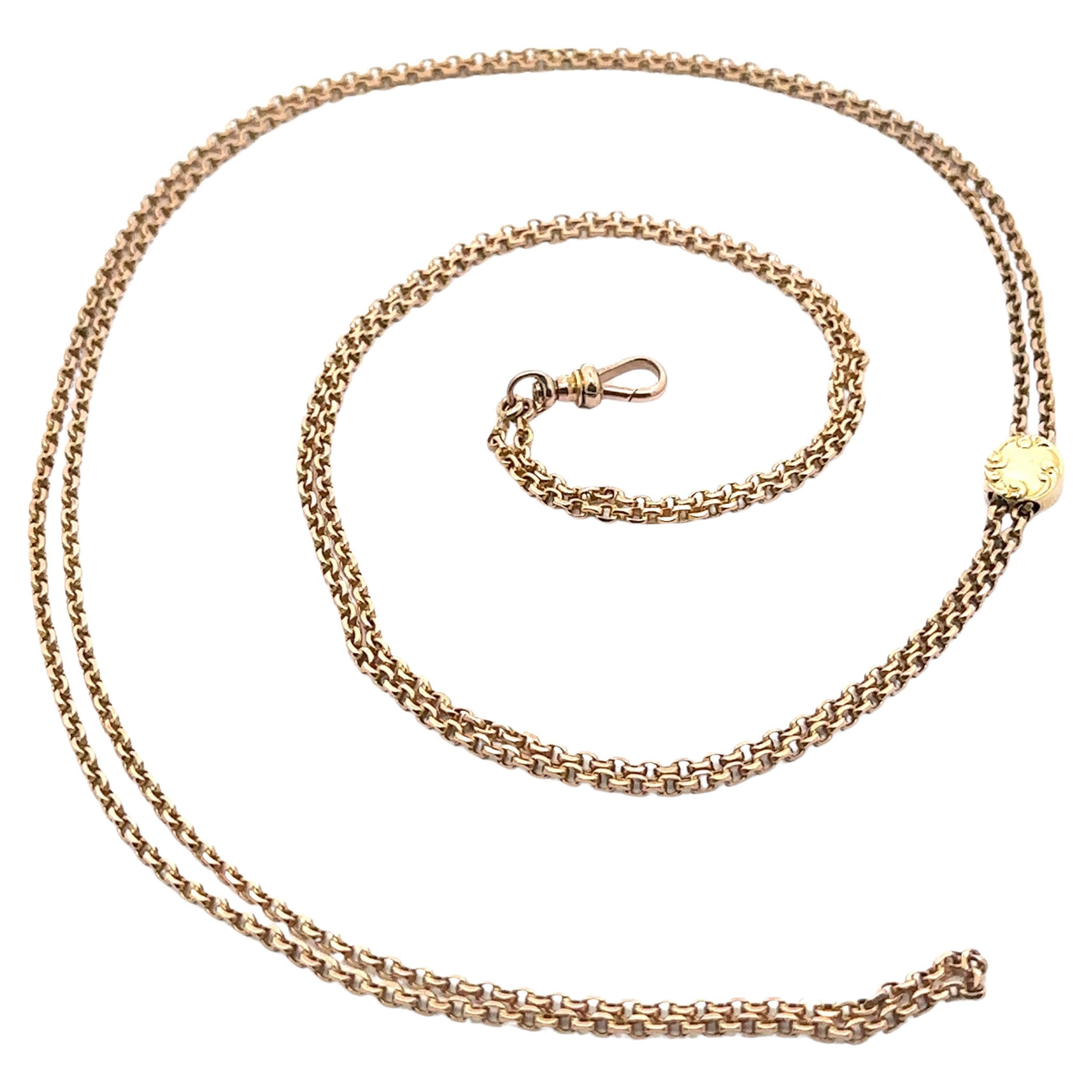 Antique Art Nouveau Yellow Gold Dual Cable Link Chain Necklace w/ Slide Charm For Sale