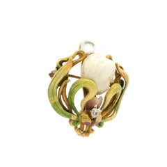Antique Art Nouveau Yellow Gold Pearl Diamond Enamel Work Floral Brooch Pendant