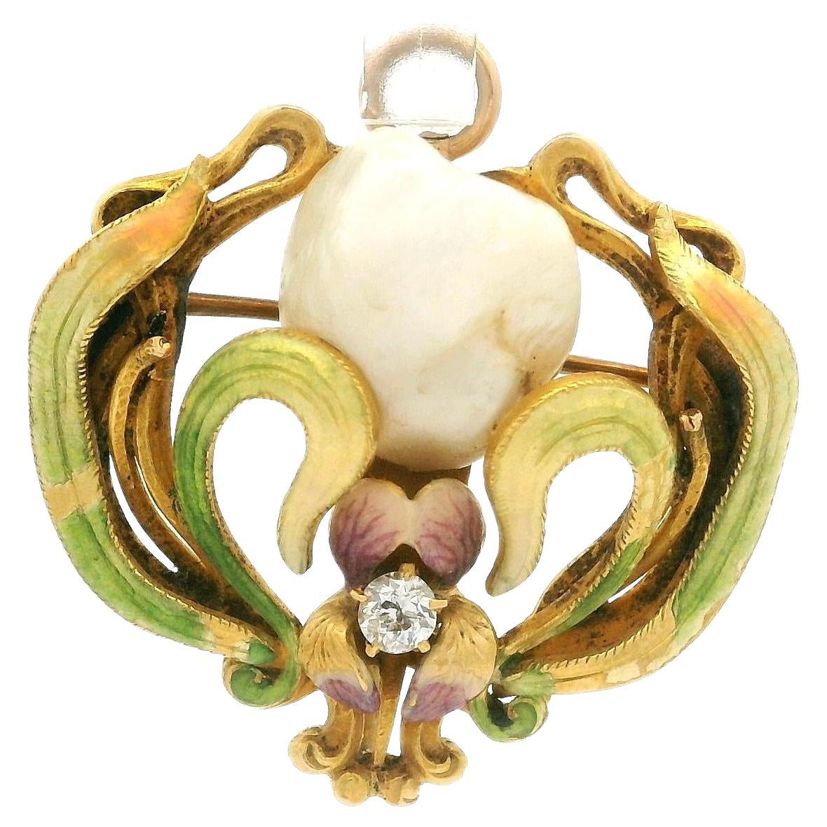 Antique Art Nouveau Yellow Gold Pearl Diamond Enamel Work Floral Brooch Pendant