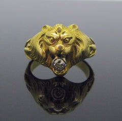 Antique Art Nouveau Yellow Gold Platinum Diamond Lion Head Ring