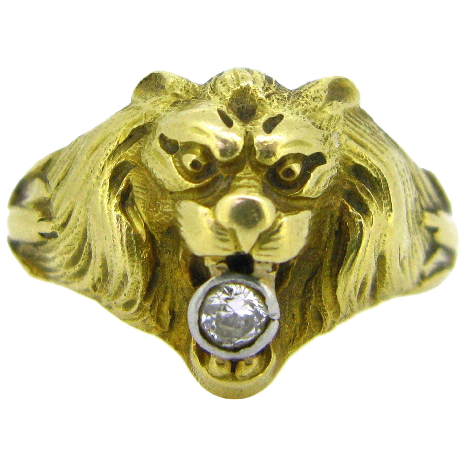 Antique Art Nouveau Yellow Gold Platinum Diamond Lion Head Ring