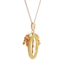 Antique Art Nouveau Yellow Gold Seed Pearl w/ Enamel Leaf Pendant Necklace