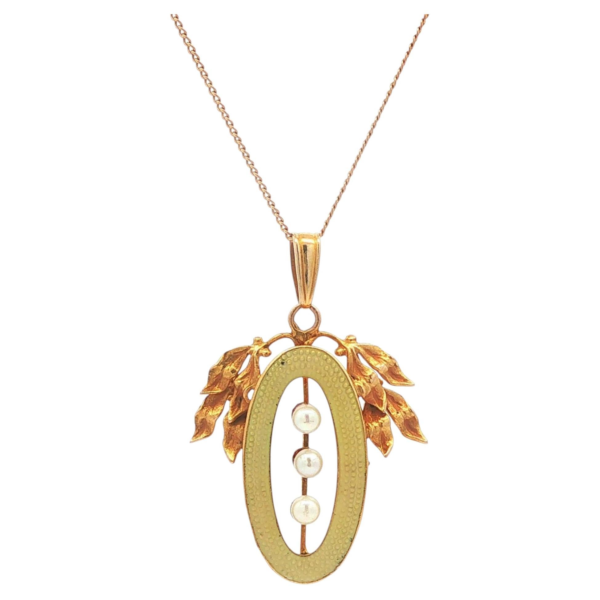Antique Art Nouveau Yellow Gold Seed Pearl w/ Enamel Leaf Pendant Necklace For Sale