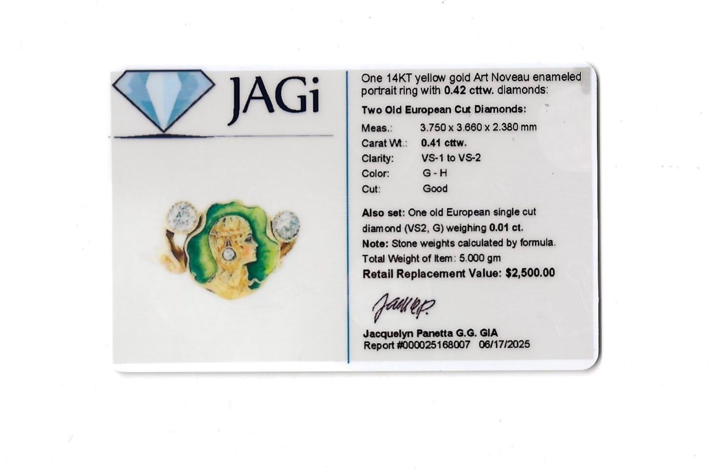 Antiguo Anillo Retrato Art Noveau Esmaltado con Diamantes en Oro Amarillo de 14 Kilates en venta 4