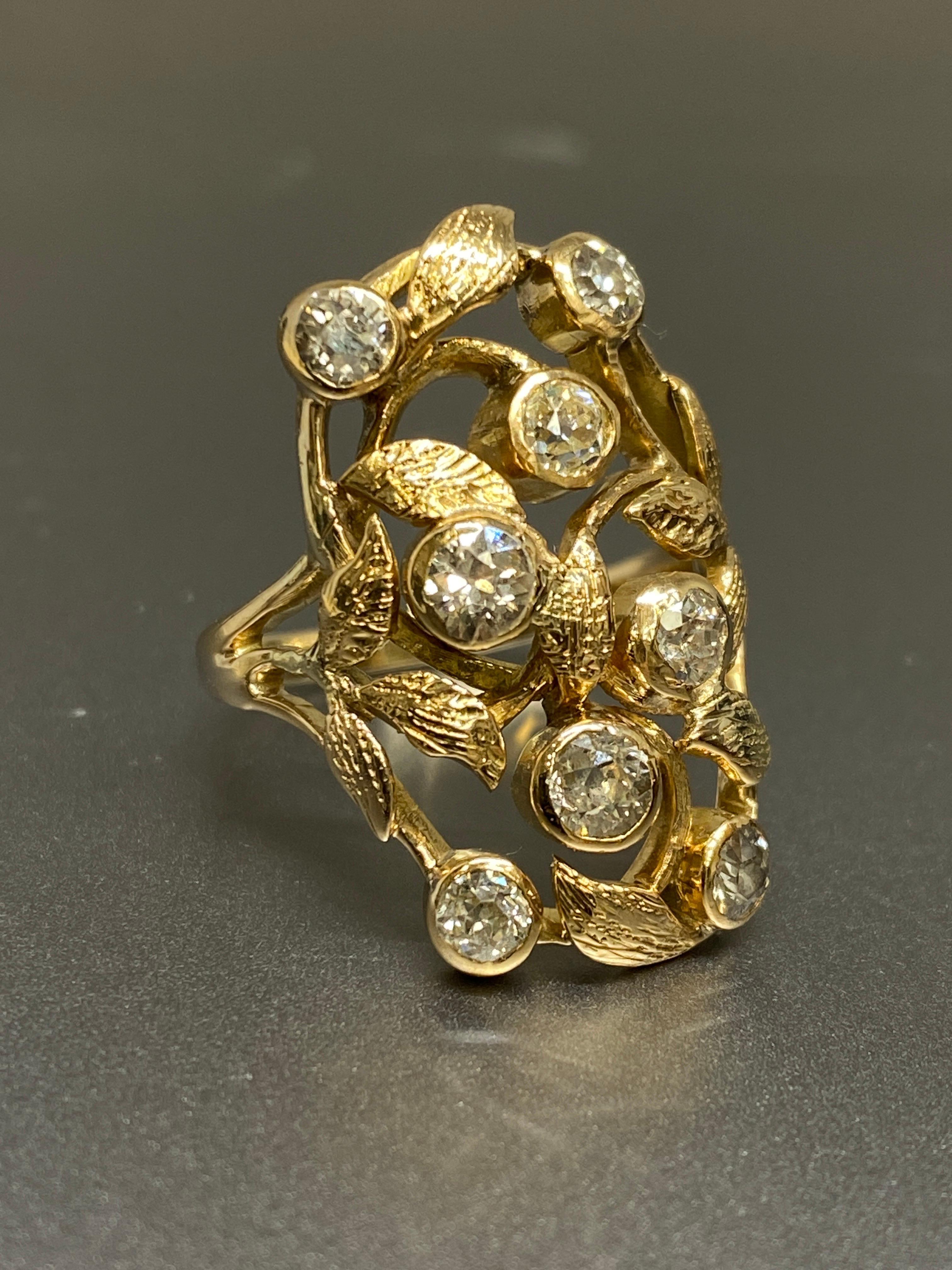 Antique Art Noveau Old European Cut Diamond 14k Yellow Gold Ring For Sale 5