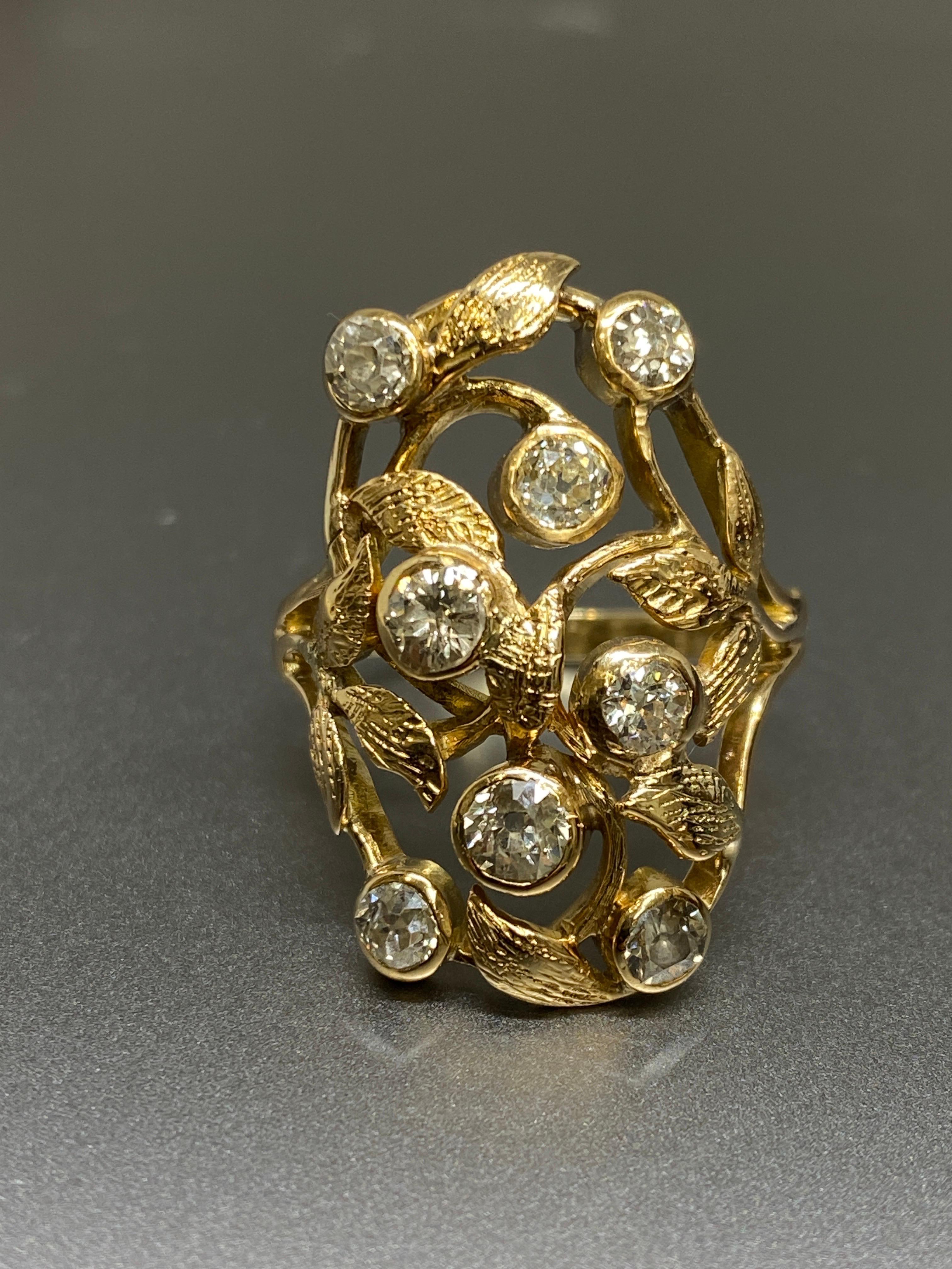 Art Nouveau Antique Art Noveau Old European Cut Diamond 14k Yellow Gold Ring For Sale