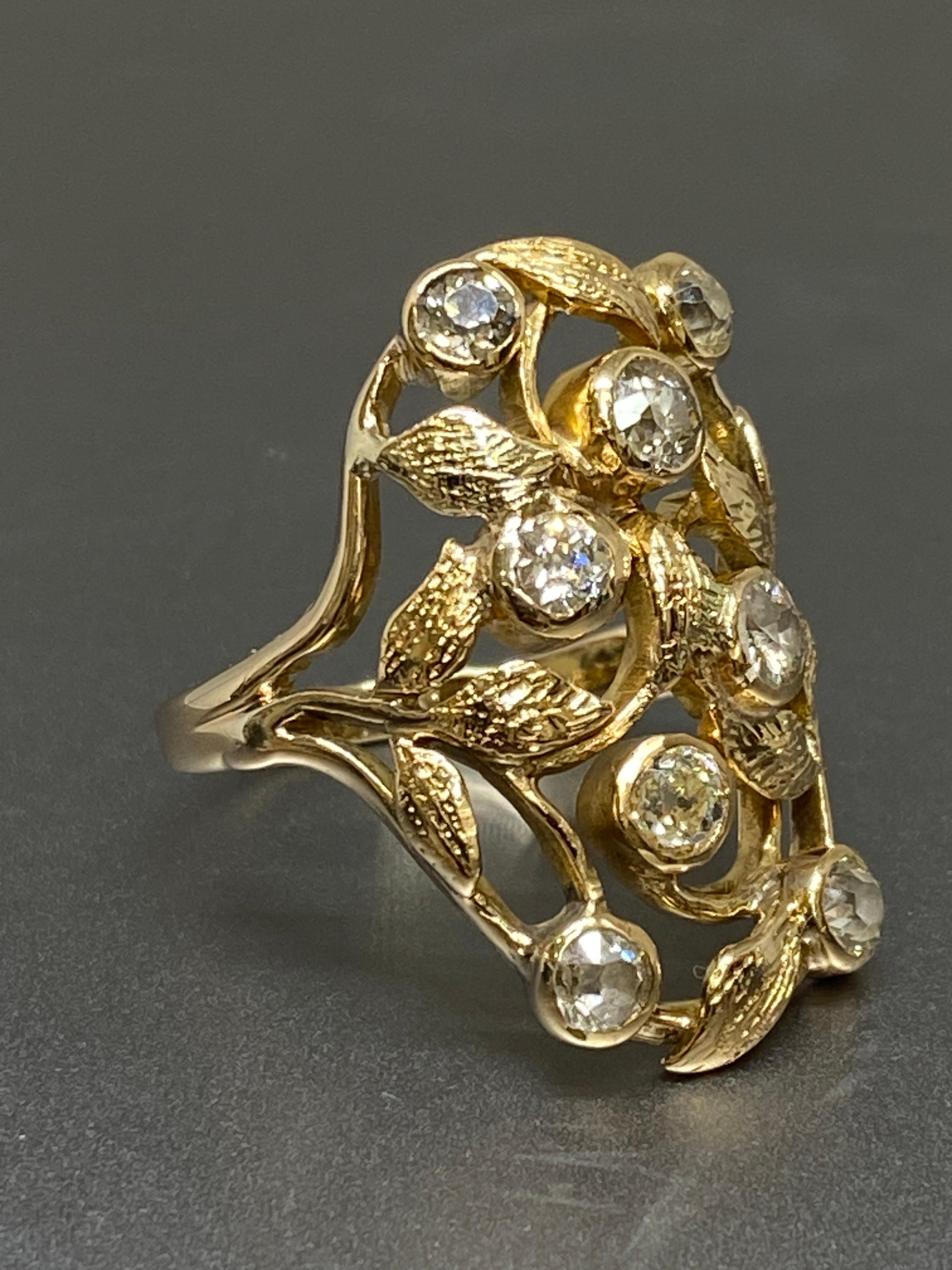 Antique Art Noveau Old European Cut Diamond 14k Yellow Gold Ring In Good Condition For Sale In Bernardsville, NJ