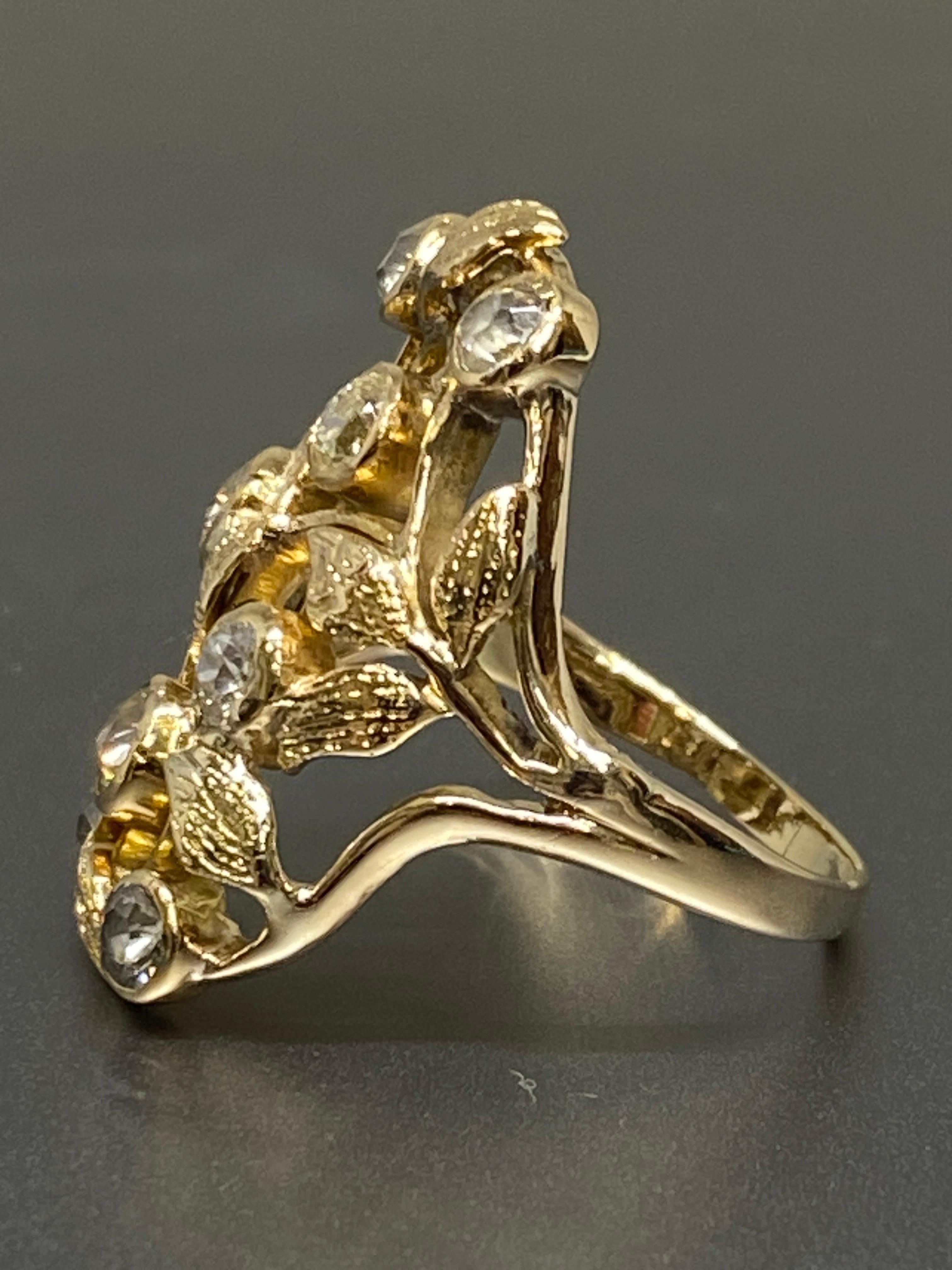 Women's Antique Art Noveau Old European Cut Diamond 14k Yellow Gold Ring For Sale