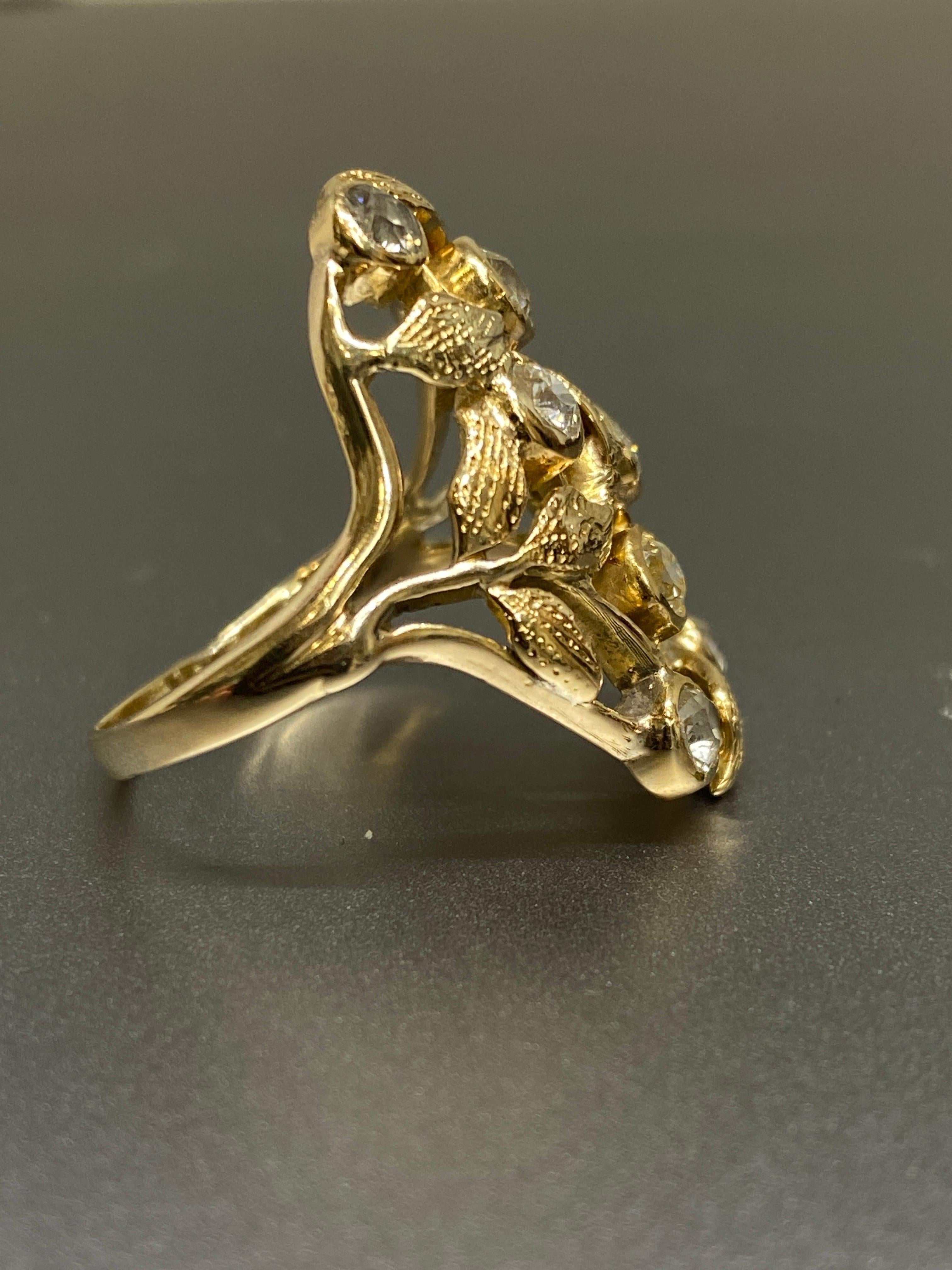Antique Art Noveau Old European Cut Diamond 14k Yellow Gold Ring For Sale 1