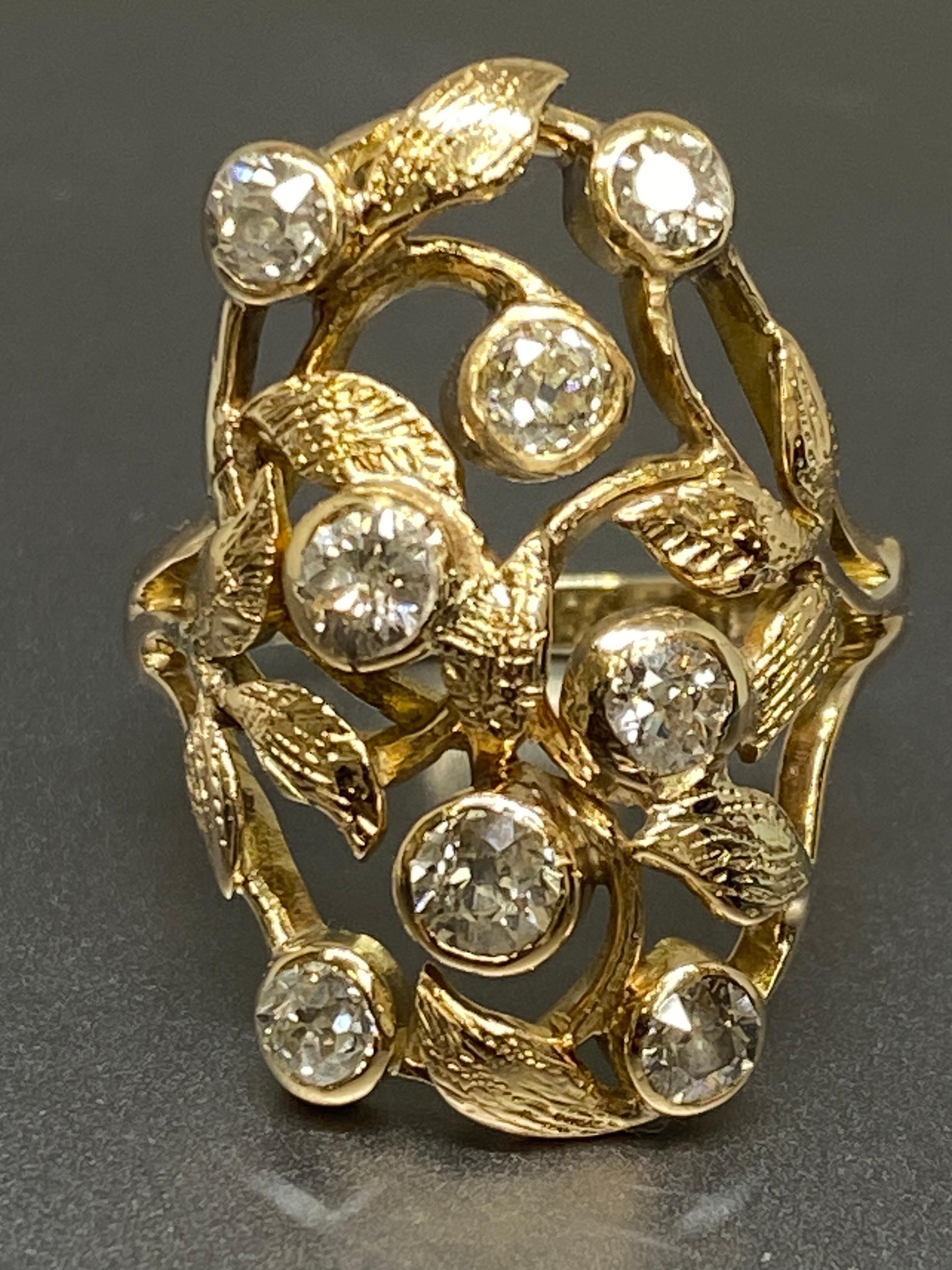 Antique Art Noveau Old European Cut Diamond 14k Yellow Gold Ring For Sale 2