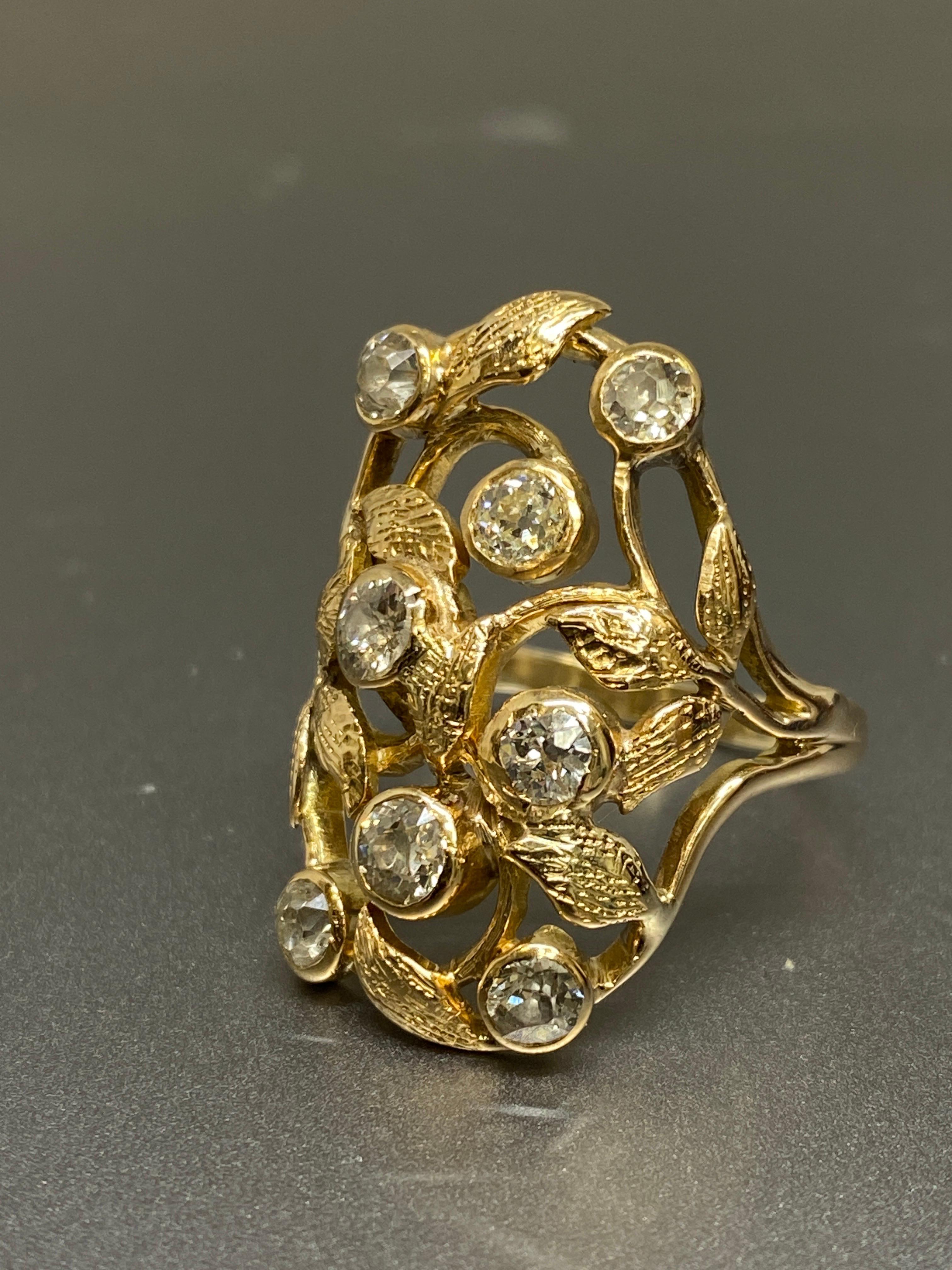 Antique Art Noveau Old European Cut Diamond 14k Yellow Gold Ring For Sale 3