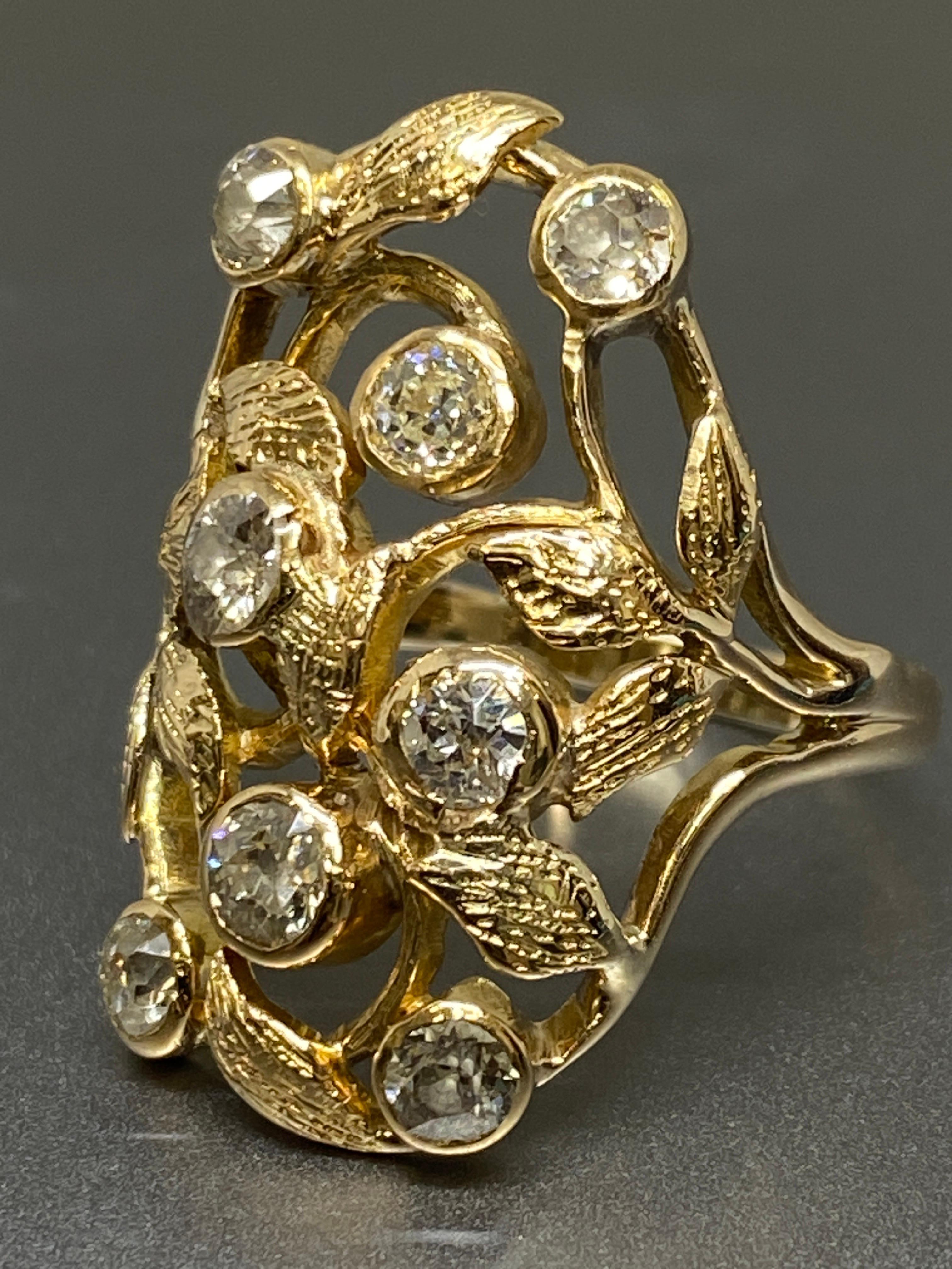 Antique Art Noveau Old European Cut Diamond 14k Yellow Gold Ring For Sale 4