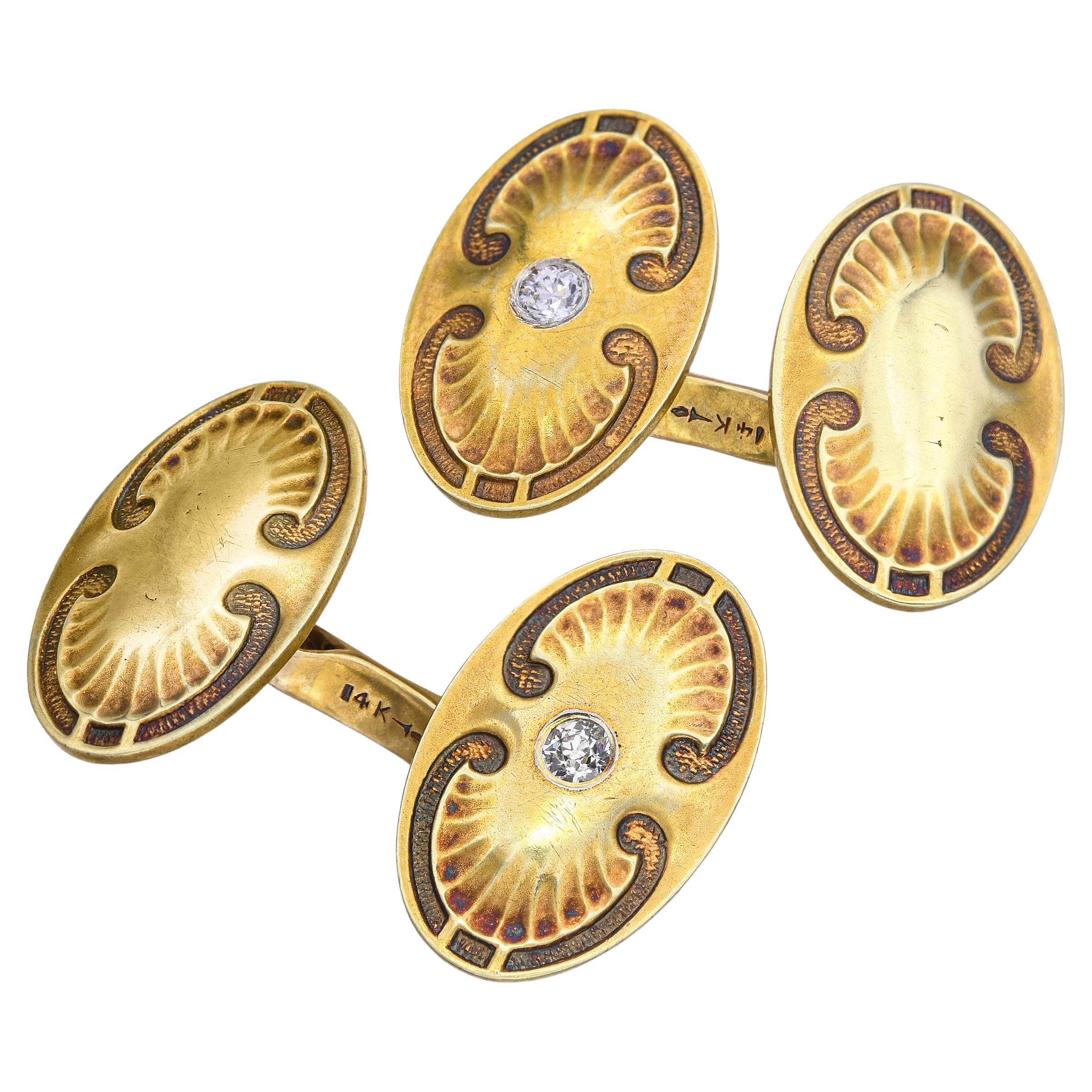 Antique Art Nuevo 14k Yellow Gold Diamond Motif Cufflinks