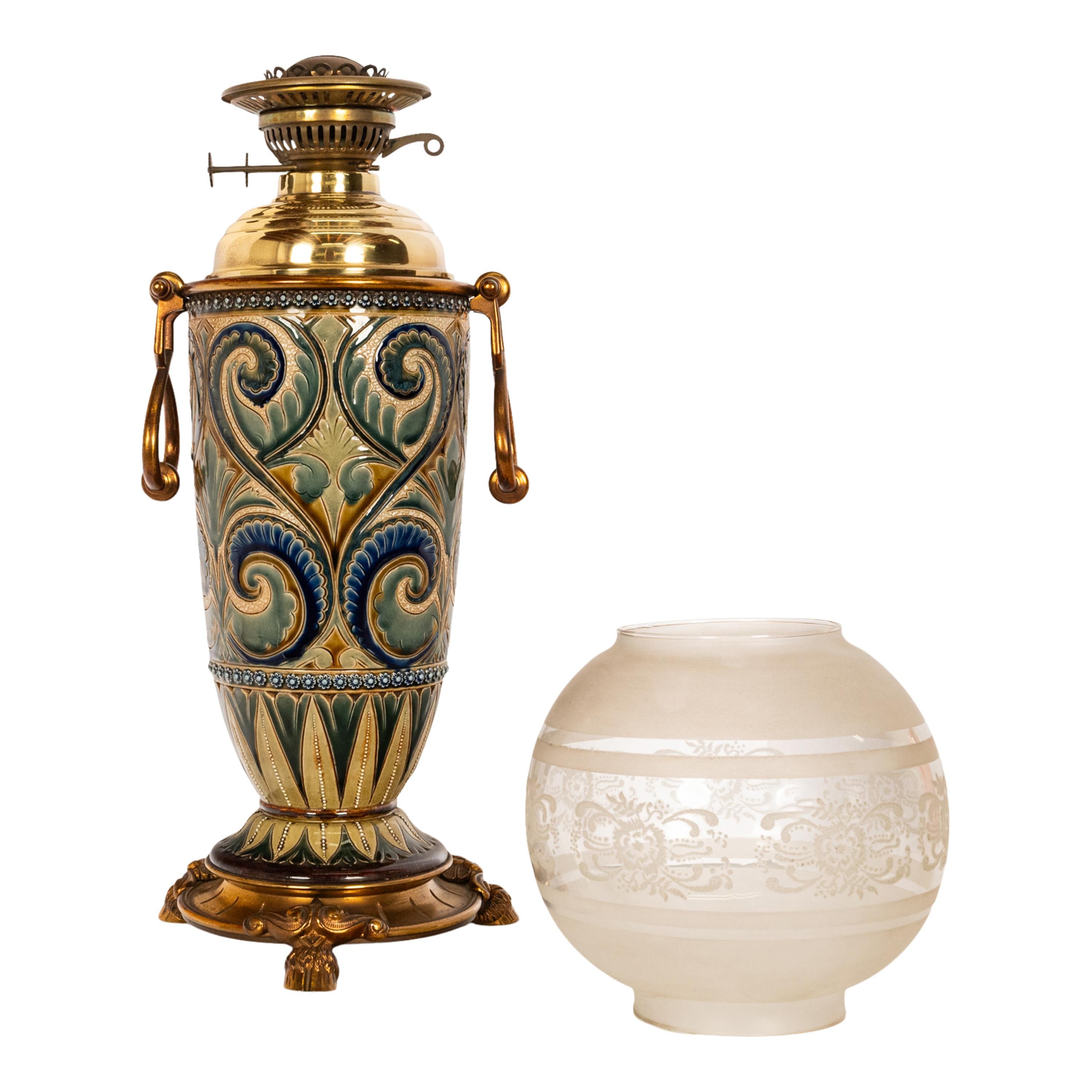 Antique Art Pottery Stoneware Dalton Lambeth Oil Lamp Signed Edith Lupton 1884 For Sale 2