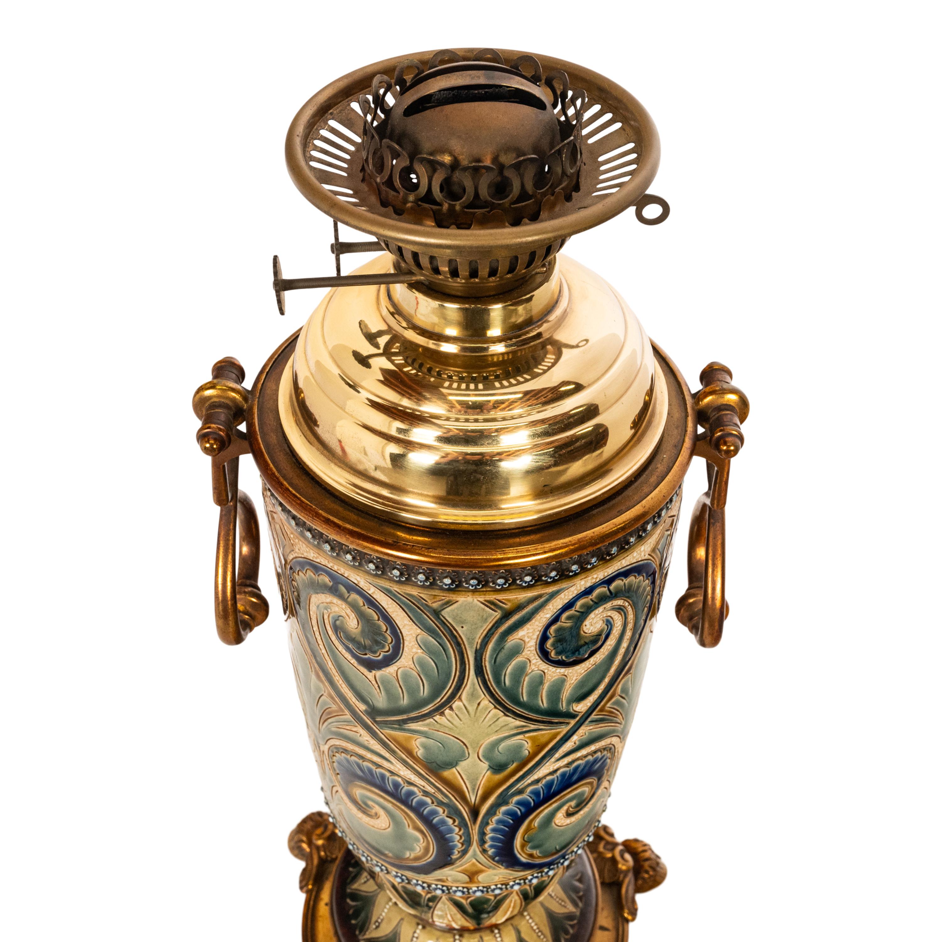 Antique Art Pottery Stoneware Dalton Lambeth Oil Lamp Signed Edith Lupton 1884 For Sale 4