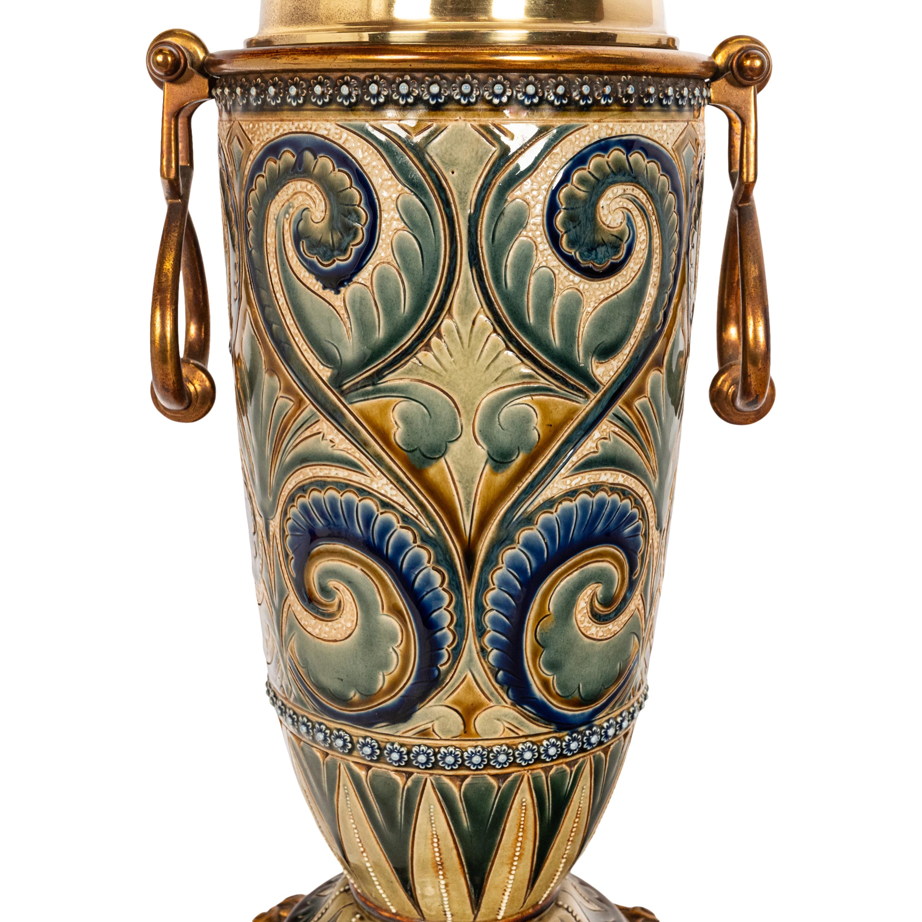 Antique Art Pottery Stoneware Dalton Lambeth Oil Lamp Signed Edith Lupton 1884 For Sale 5