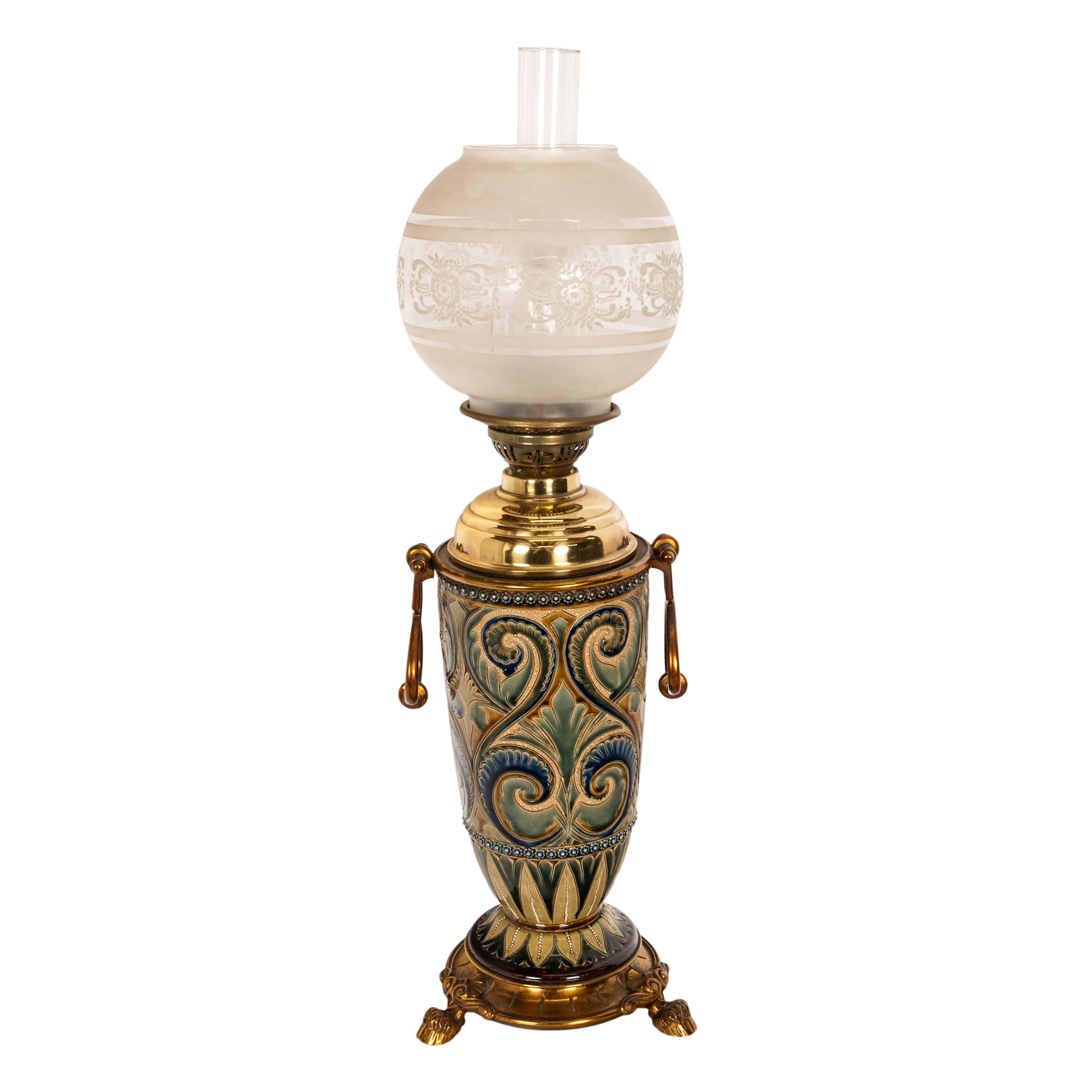 English Antique Art Pottery Stoneware Dalton Lambeth Oil Lamp Signed Edith Lupton 1884 For Sale