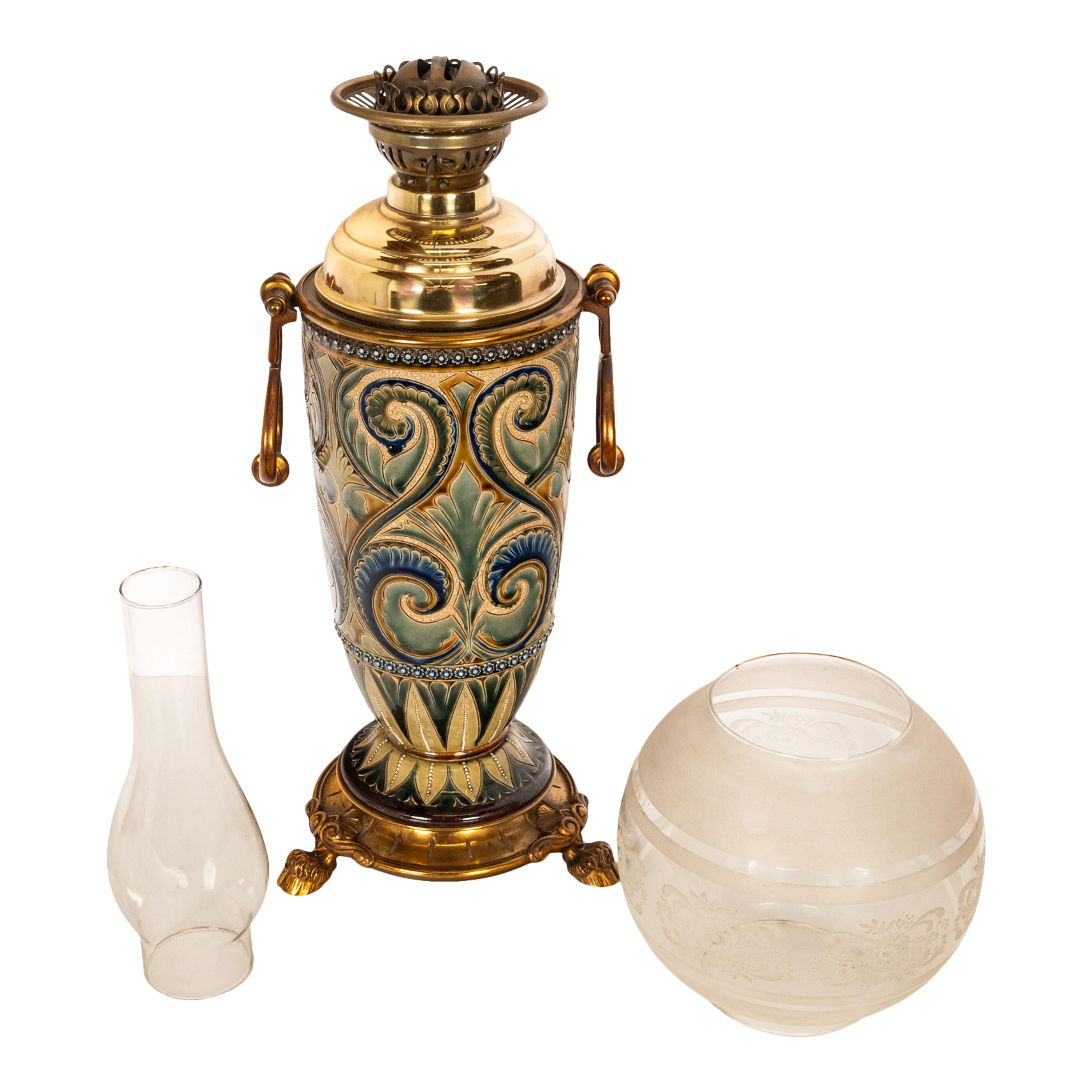 Brass Antique Art Pottery Stoneware Dalton Lambeth Oil Lamp Signed Edith Lupton 1884 For Sale