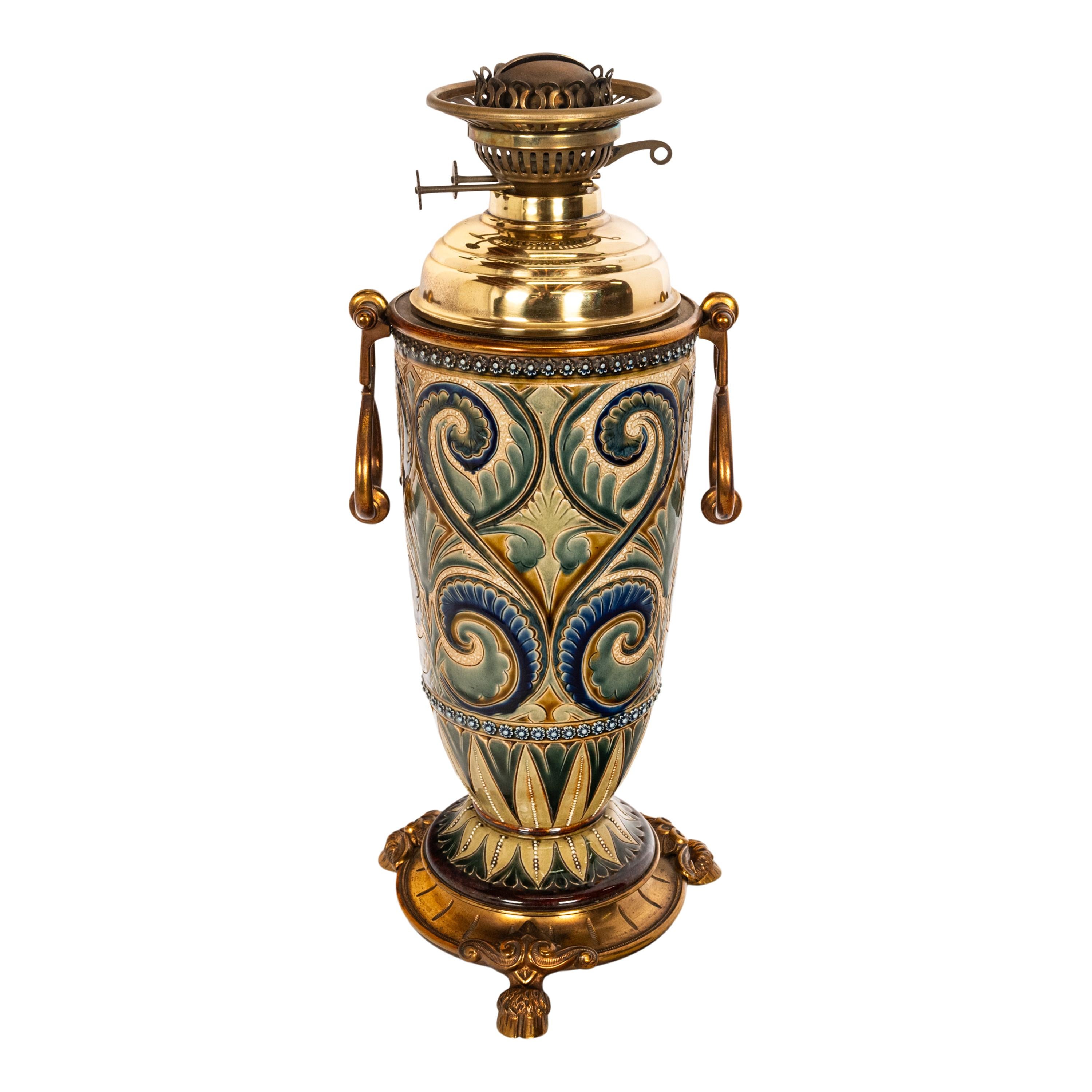 Antique Art Pottery Stoneware Dalton Lambeth Oil Lamp Signed Edith Lupton 1884 For Sale 1
