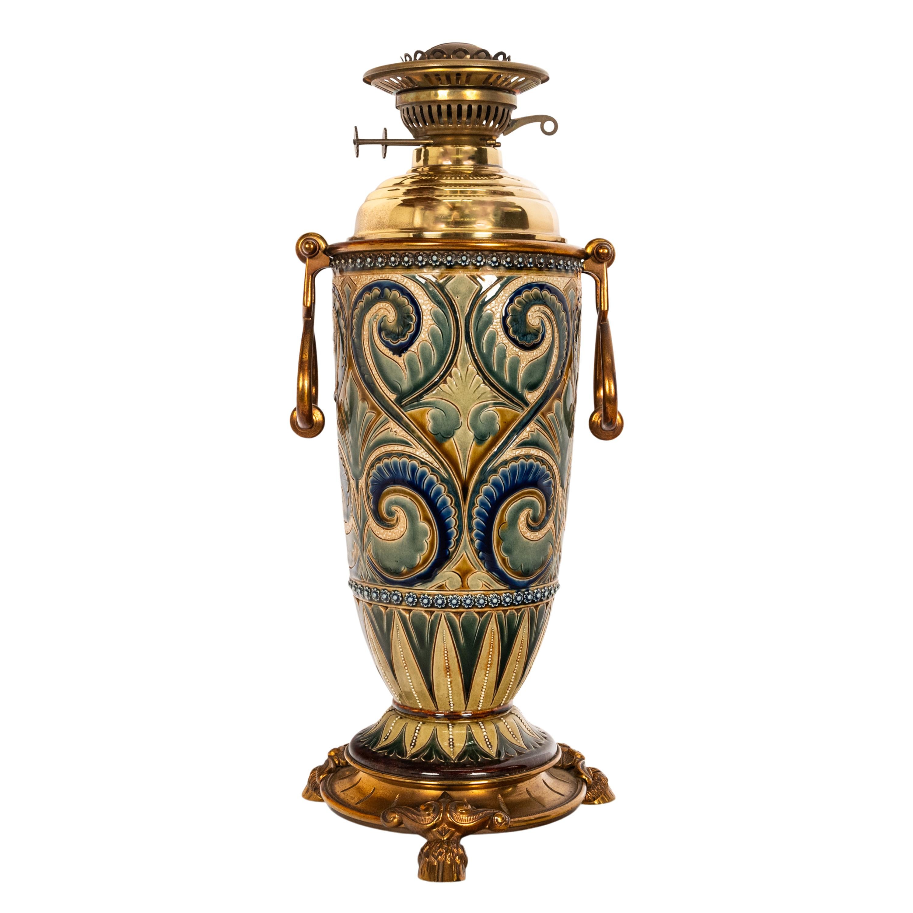 Antique Art Pottery Stoneware Dalton Lambeth Oil Lamp Signed Edith Lupton 1884 For Sale 1