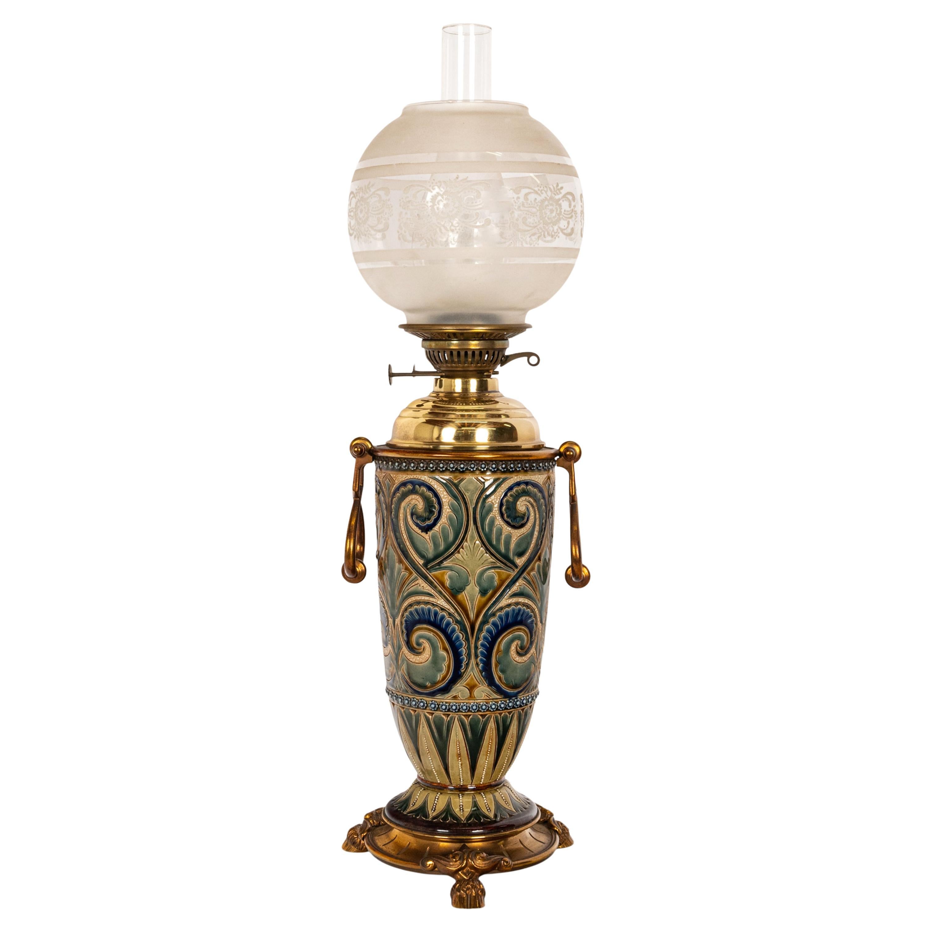 Antique Art Pottery Stoneware Dalton Lambeth Oil Lamp Signed Edith Lupton 1884 For Sale