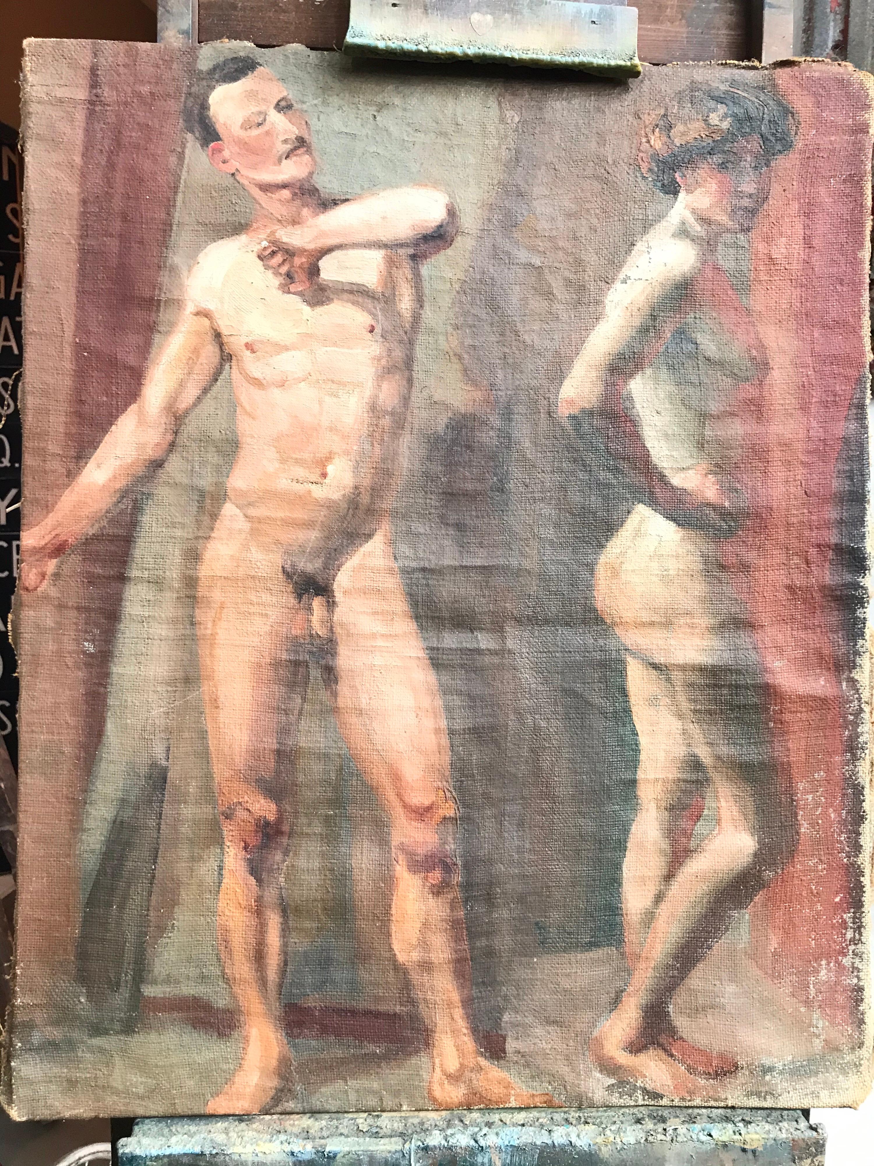 Antique art school nude study of a man and a woman 
Oil on canvas with lovely skin tones and very skillfully executed 
Age related wear and patina 
Height 68 cm width 55 cm.
A Classic English country house item ! 