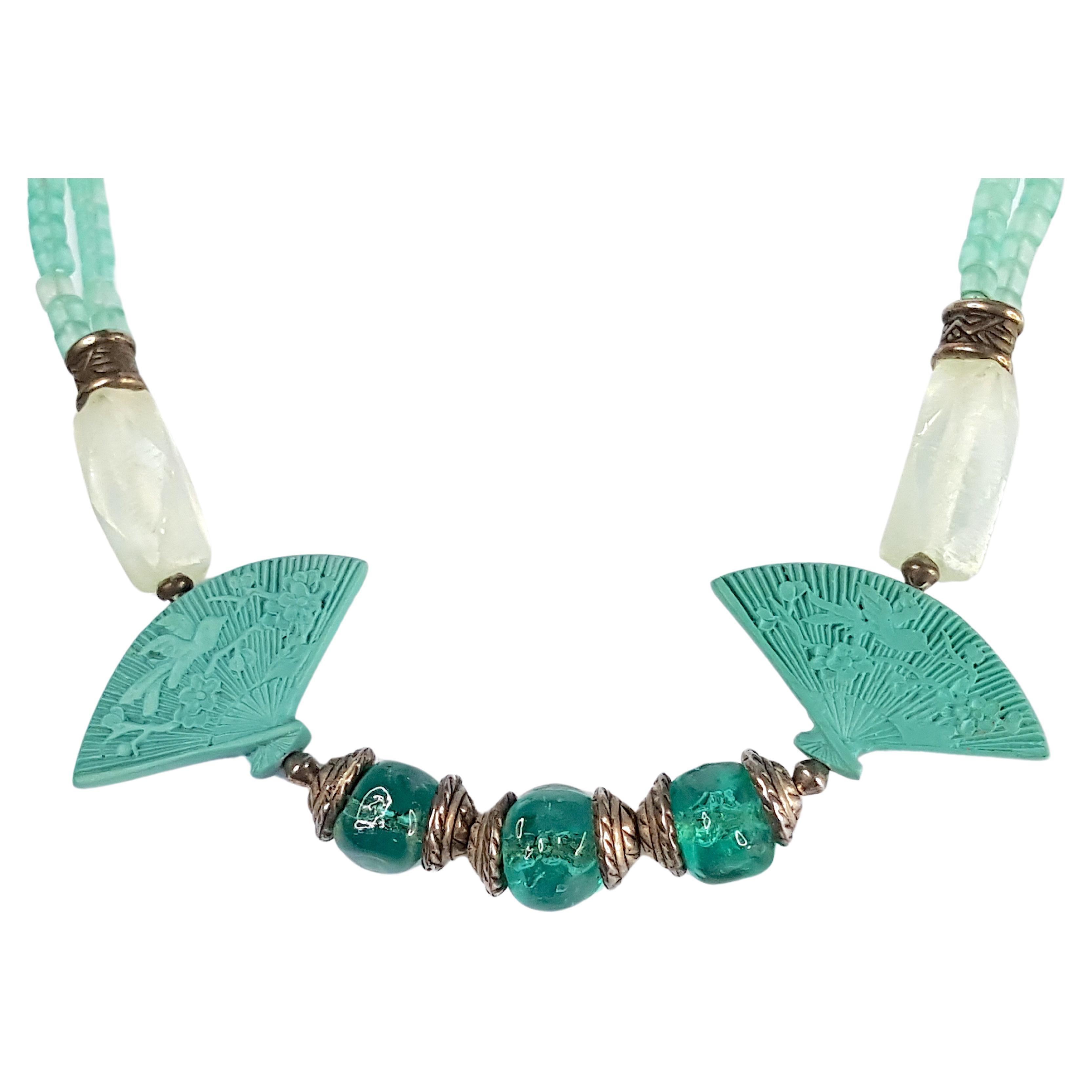 Antique ArtDeco French LampworkGlass GalalithFans SilverRondelles Collar