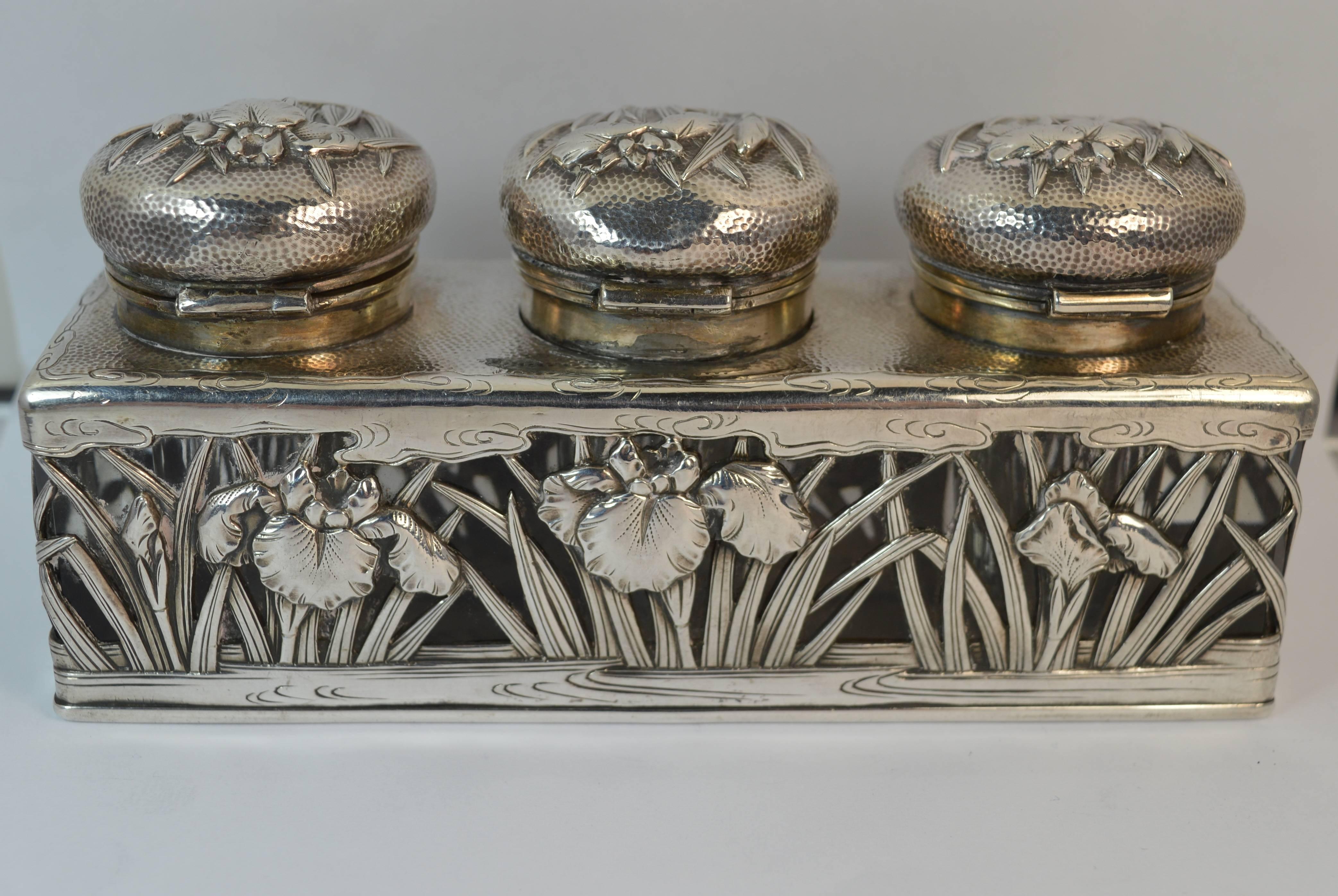 Antique Arthur & Bond Yokohama Solid Silver and Glass Iris Floral Ink Well 3