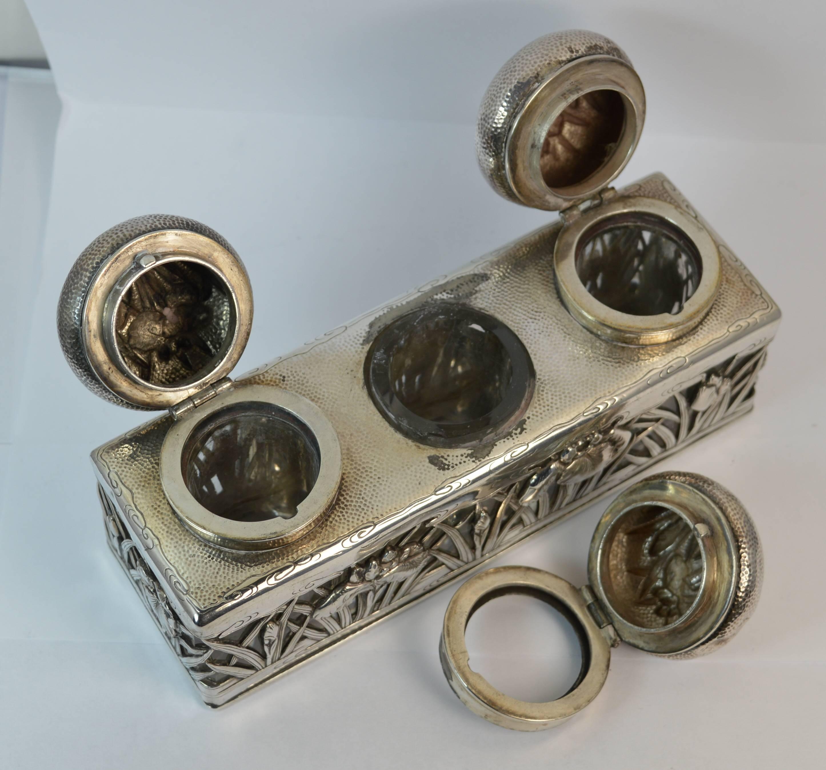Antique Arthur & Bond Yokohama Solid Silver and Glass Iris Floral Ink Well 5