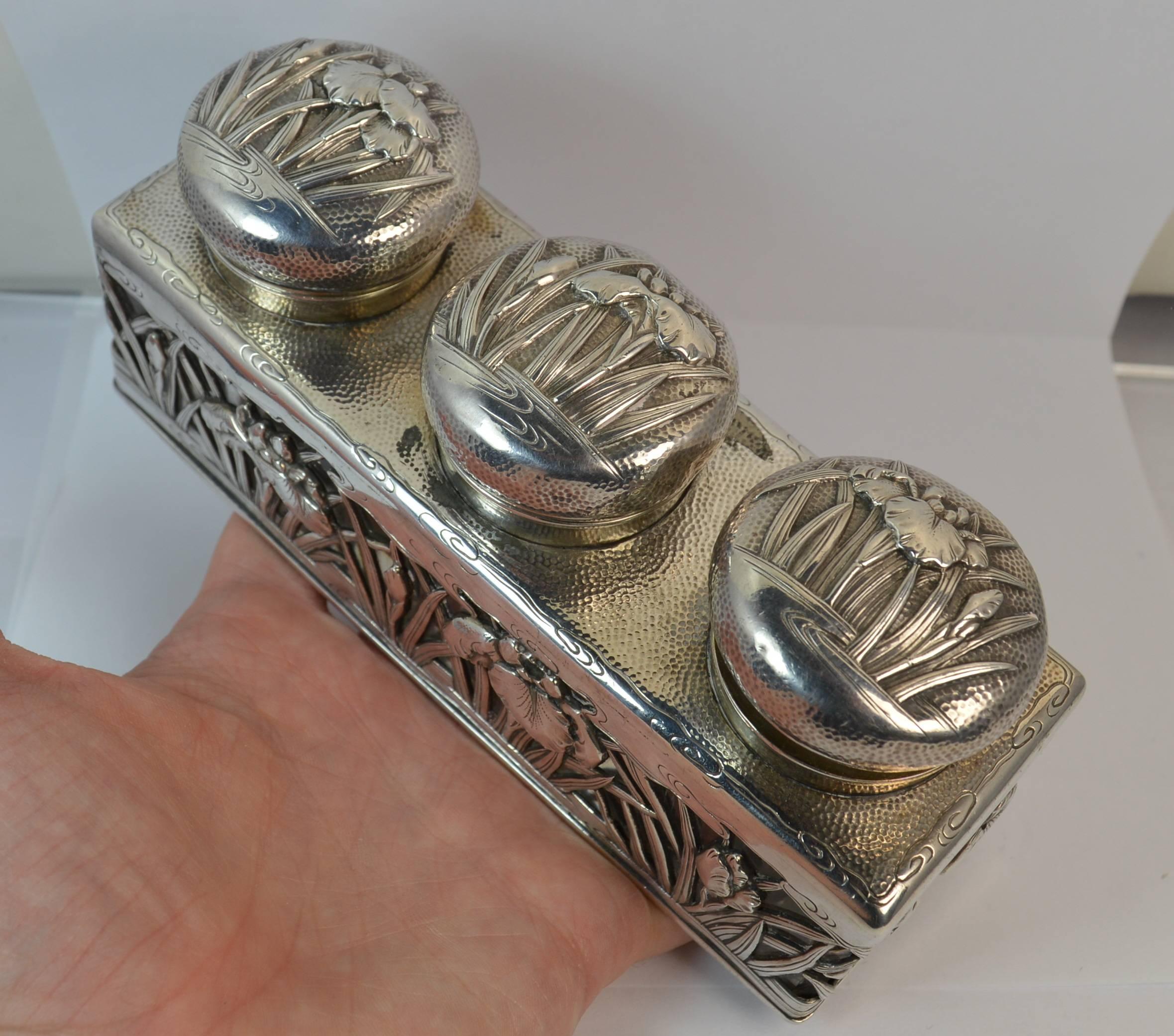 Antique Arthur & Bond Yokohama Solid Silver and Glass Iris Floral Ink Well 6