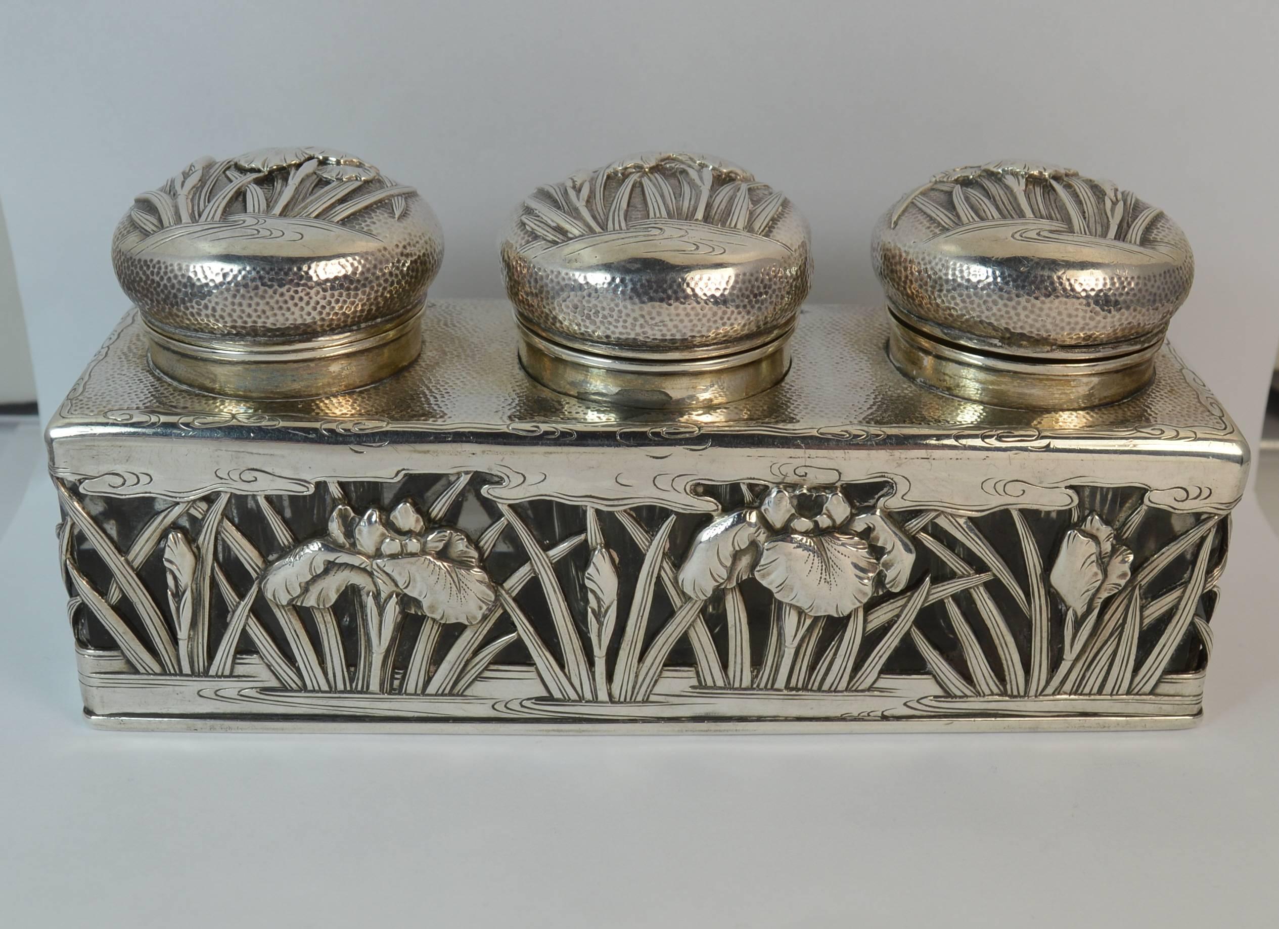 Antique Arthur & Bond Yokohama Solid Silver and Glass Iris Floral Ink Well 7