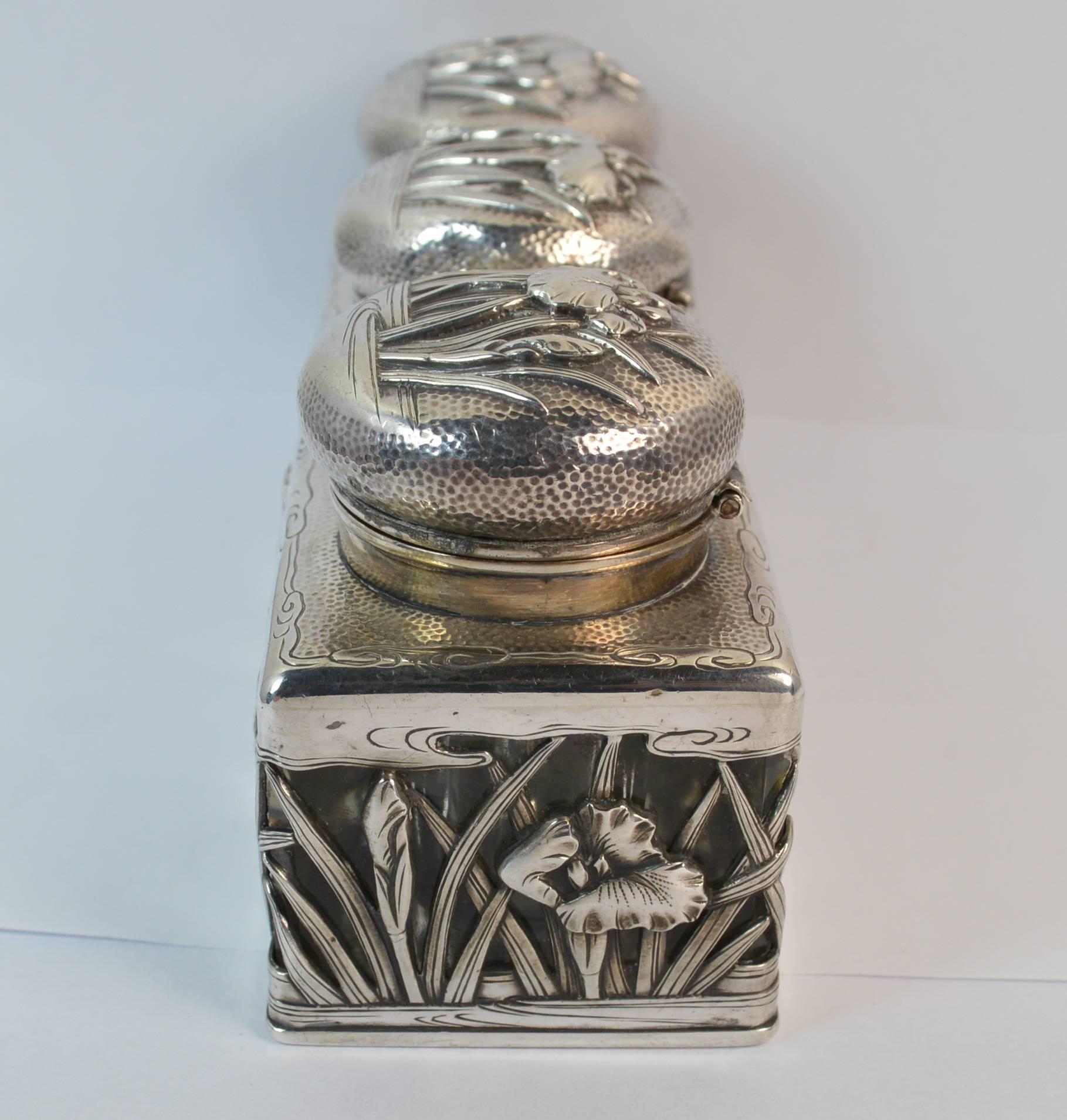 Antique Arthur & Bond Yokohama Solid Silver and Glass Iris Floral Ink Well 1