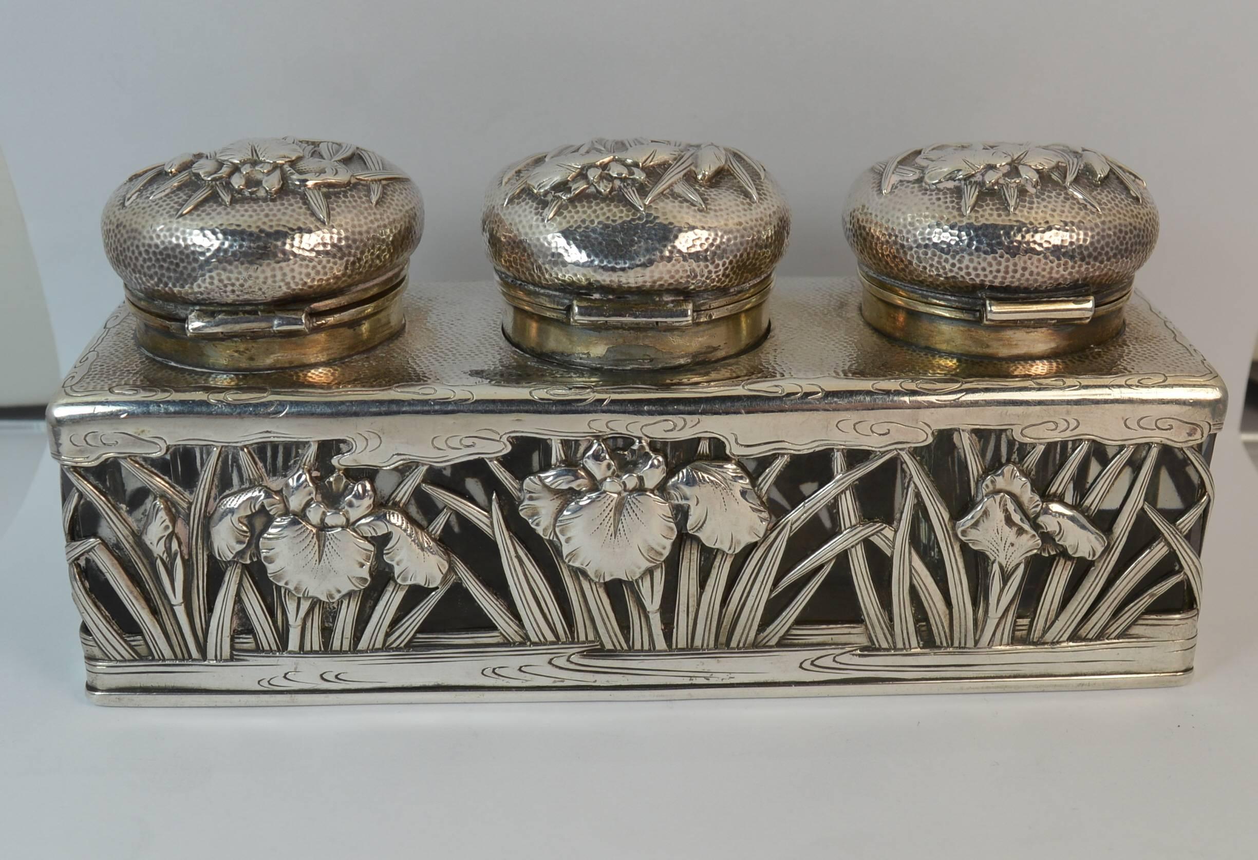 Antique Arthur & Bond Yokohama Solid Silver and Glass Iris Floral Ink Well 2