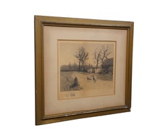 Antique Arthur Hoeber Sheep on a Country Lane Signed Landscape Etching 25"
