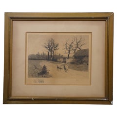 Antique Arthur Hoeber Sheep on a Country Lane Signed Landscape Etching 25"