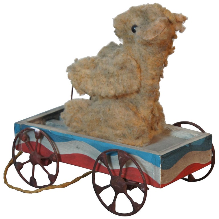 Antique Articulating Teddy Bear Driving Wagon Platform Pull Toy