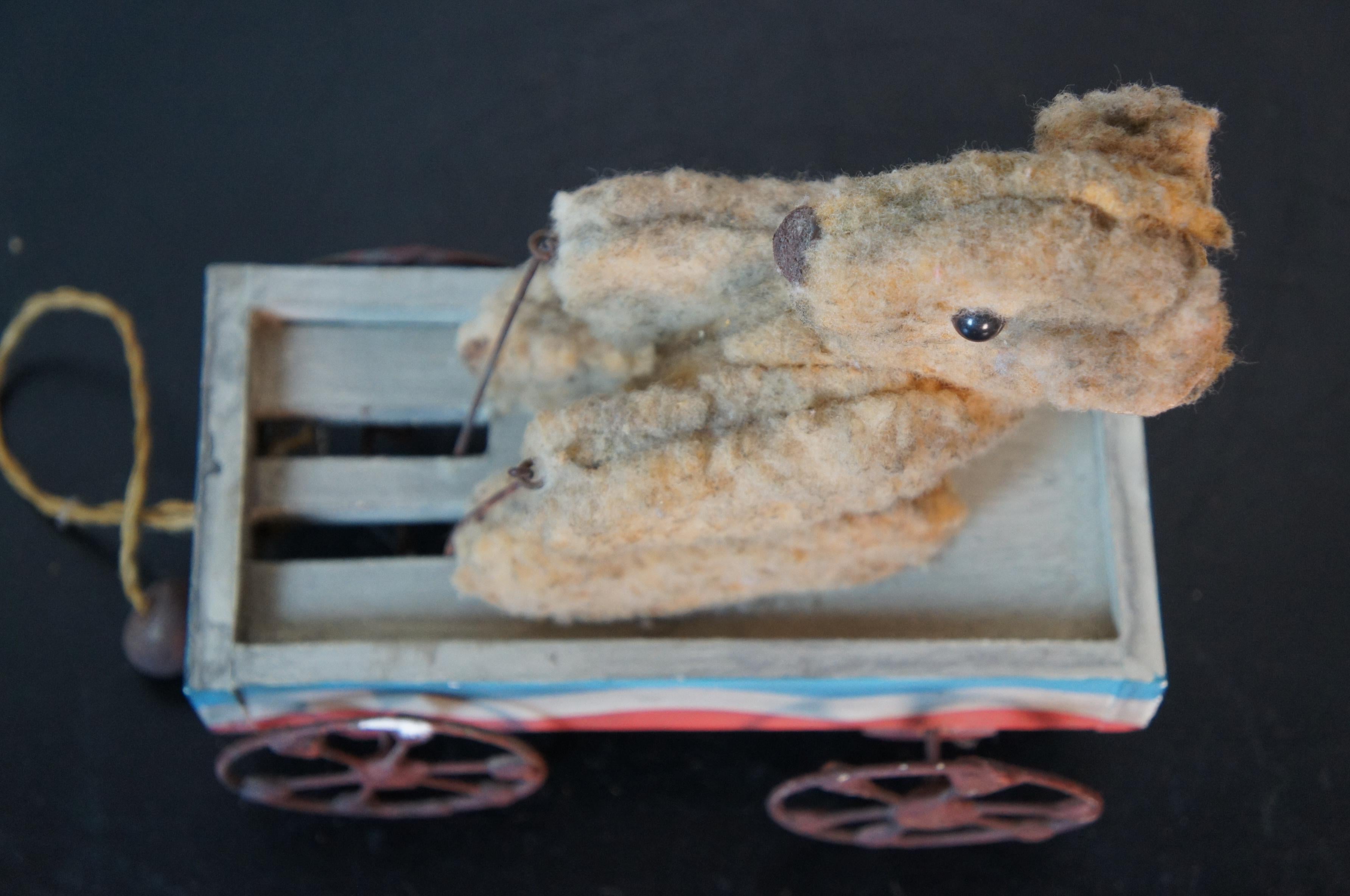 Mohair Antique Articulating Teddy Bear Driving Wagon Platform Pull Toy Americana For Sale